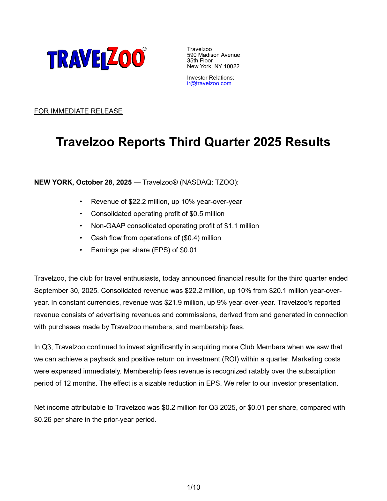 Travelzoo's Q3 2025 Earnings Release