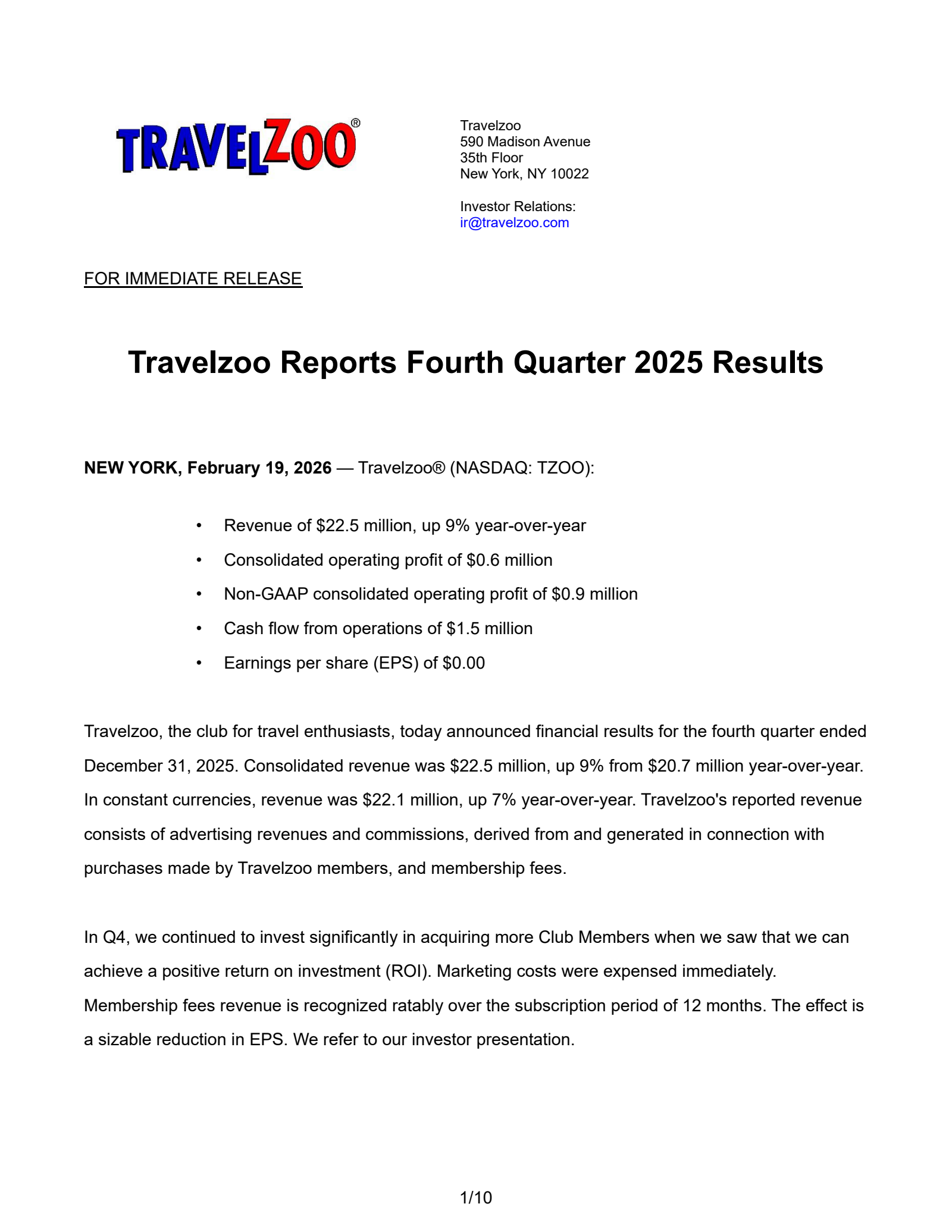 Travelzoo's Q4 2025 Press Release
