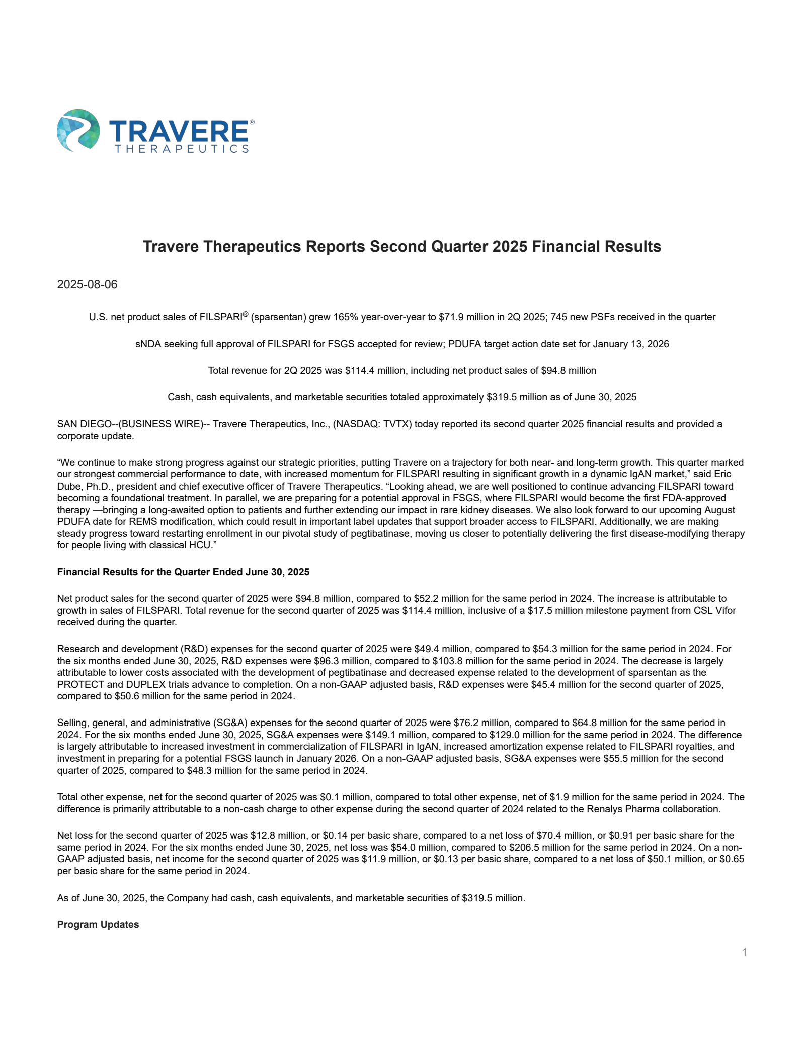 Travere Therapeutics' Q2 2025 Press Release