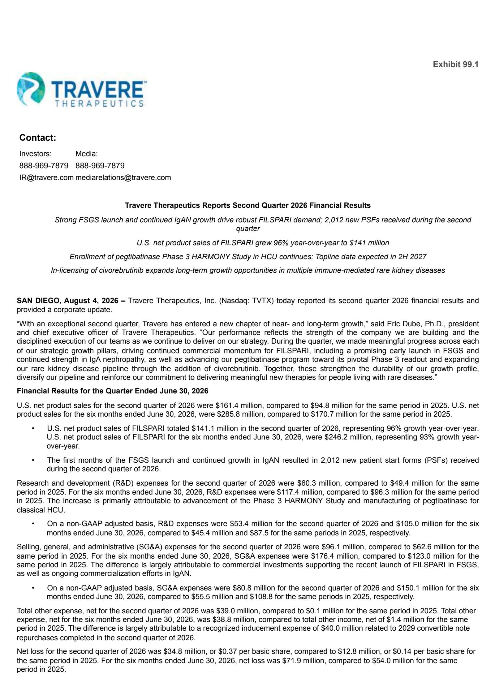 Travere Therapeutics' Q2 2026 Press Release