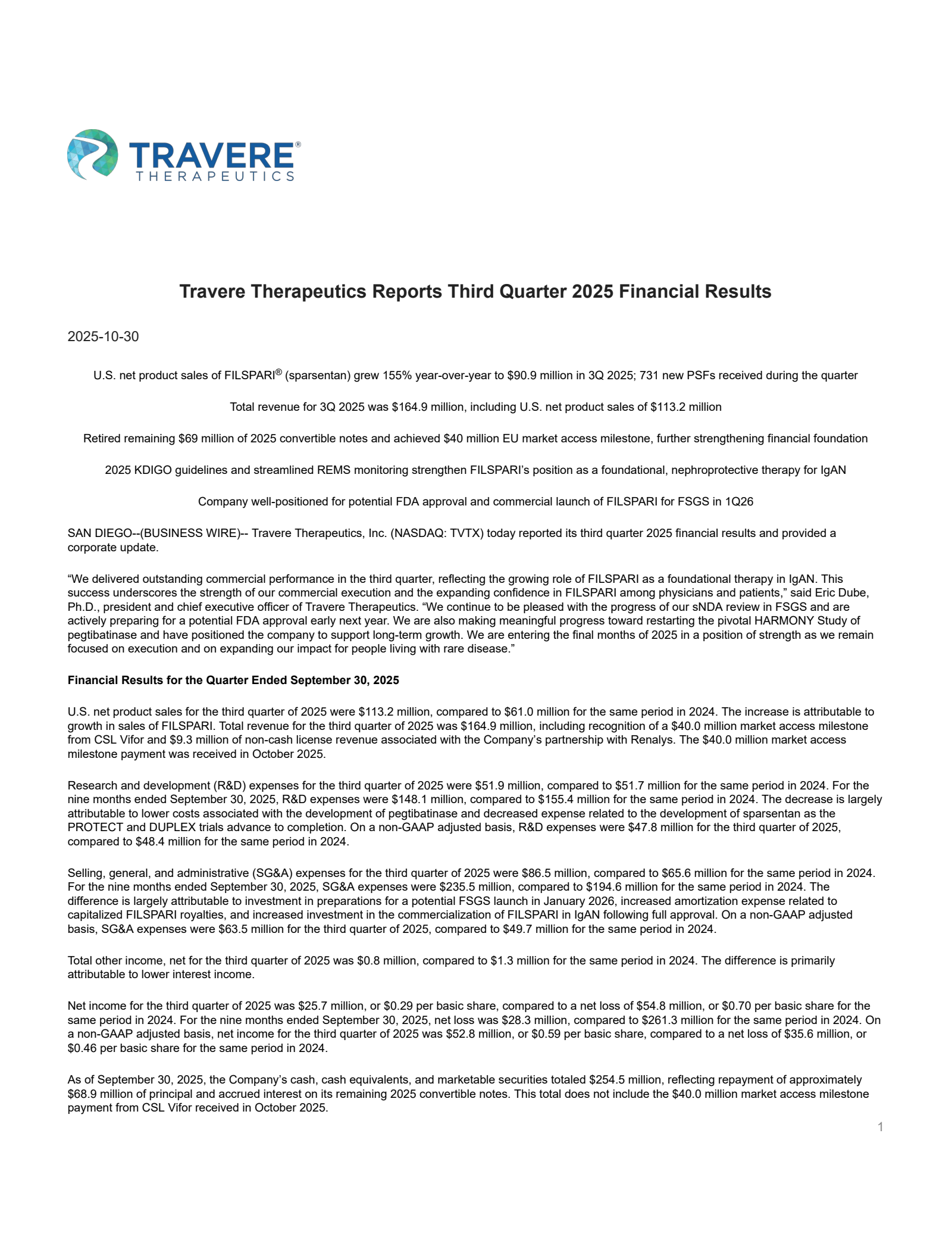 Travere Therapeutics' Q3 2025 Earnings Release