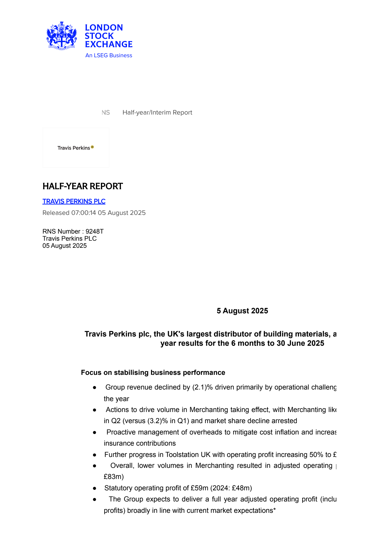 Travis Perkins' H1 2025 Interim report