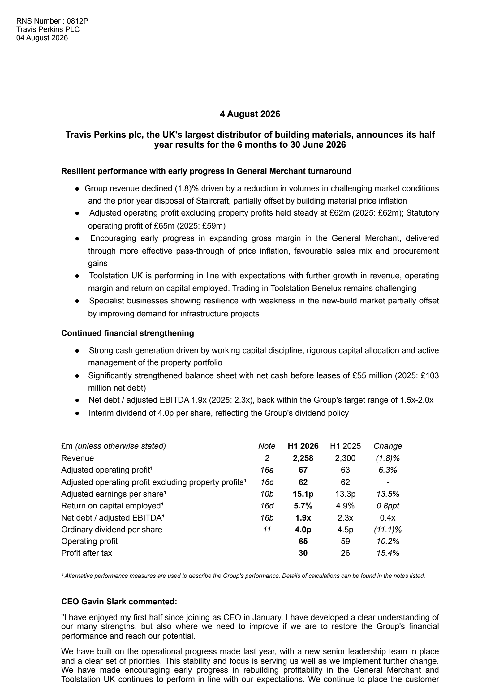Travis Perkins' H1 2026 Interim report