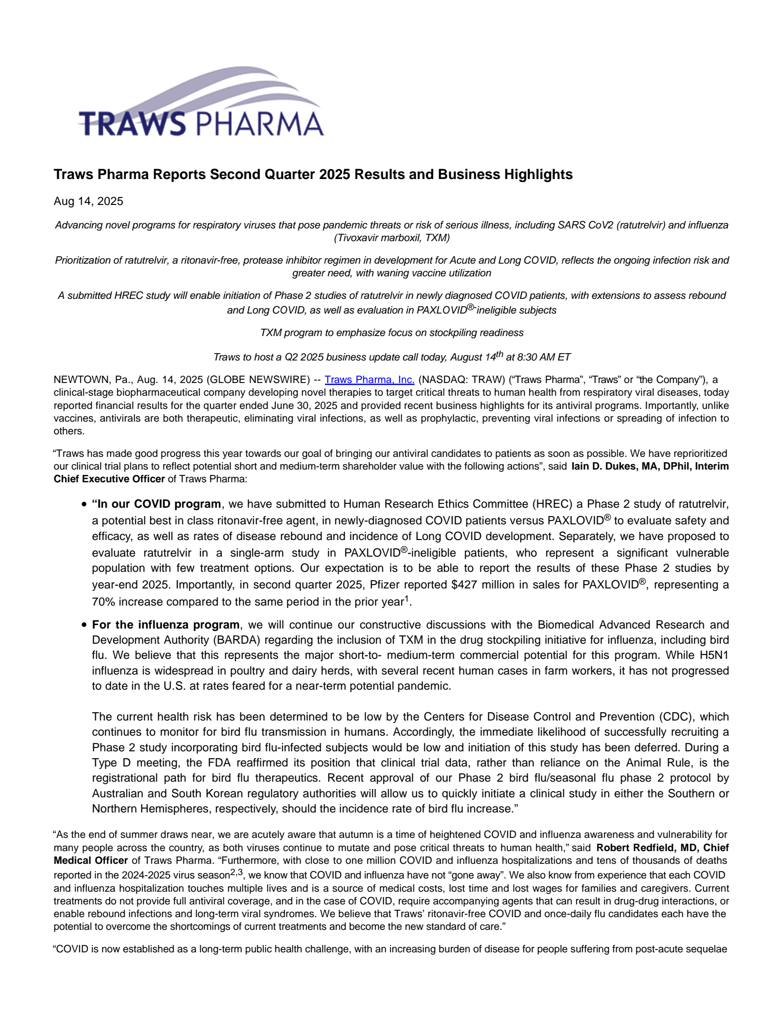 Traws Pharma's Q2 2025 Press Release
