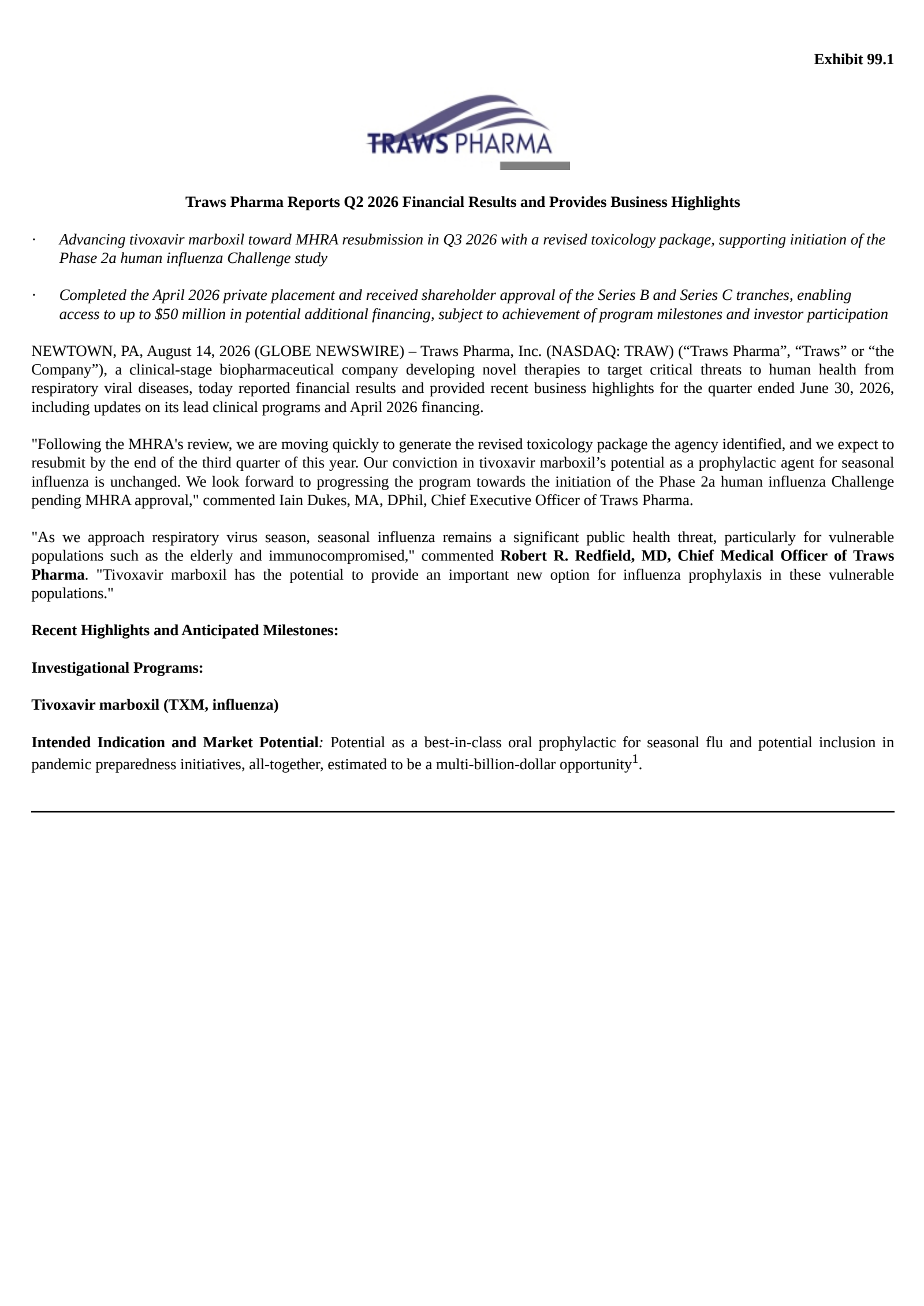 Traws Pharma's Q2 2026 Press Release