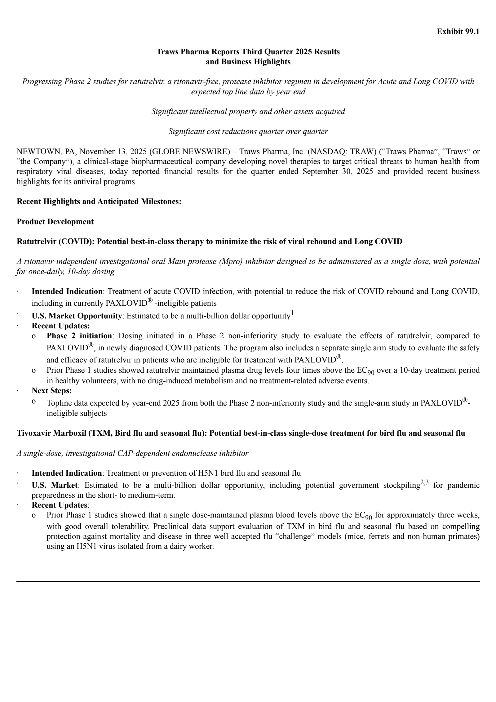 Traws Pharma's Q3 2025 Earnings Release