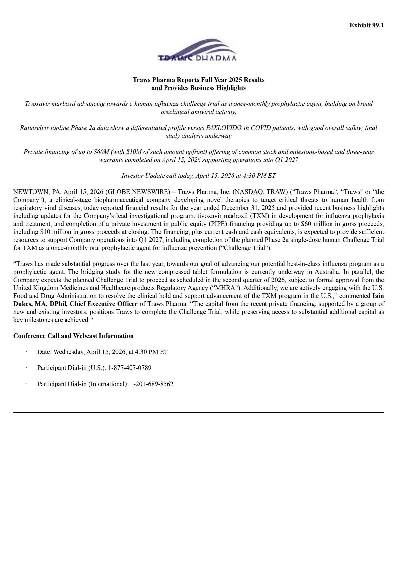 Traws Pharma's Q4 2025 Press Release