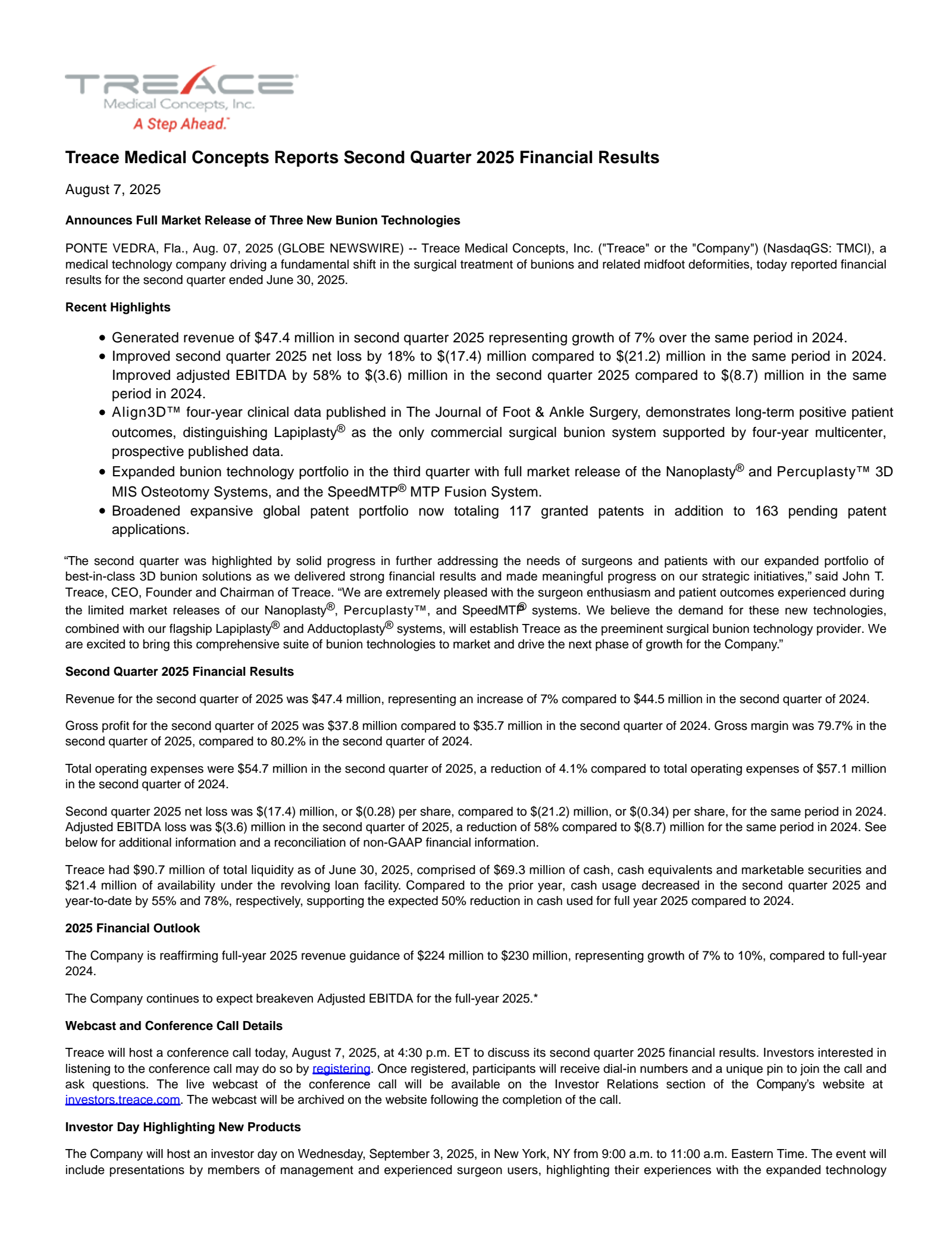 Treace Medical Concepts' Q2 2025 Press Release