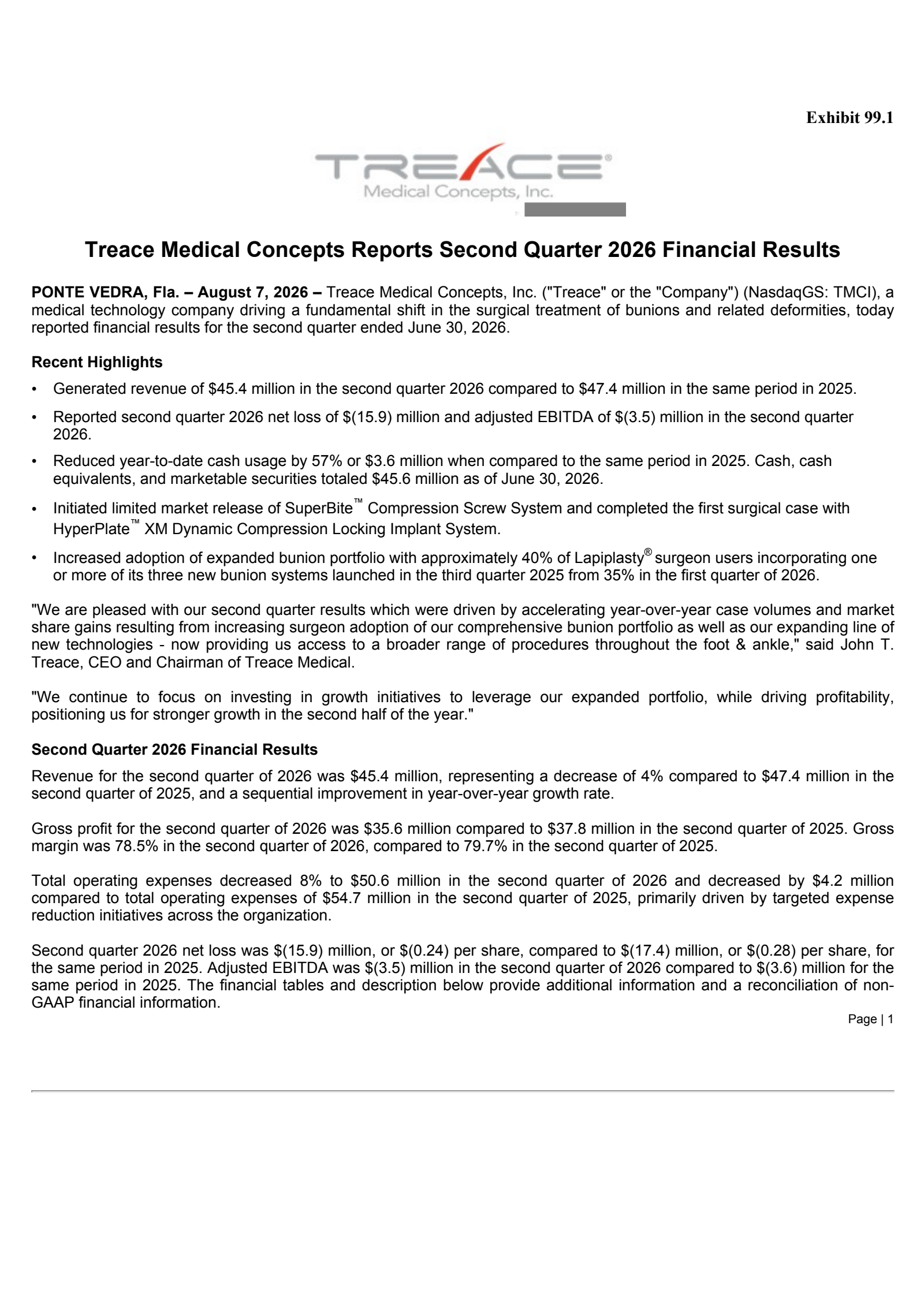 Treace Medical Concepts' Q2 2026 Press Release