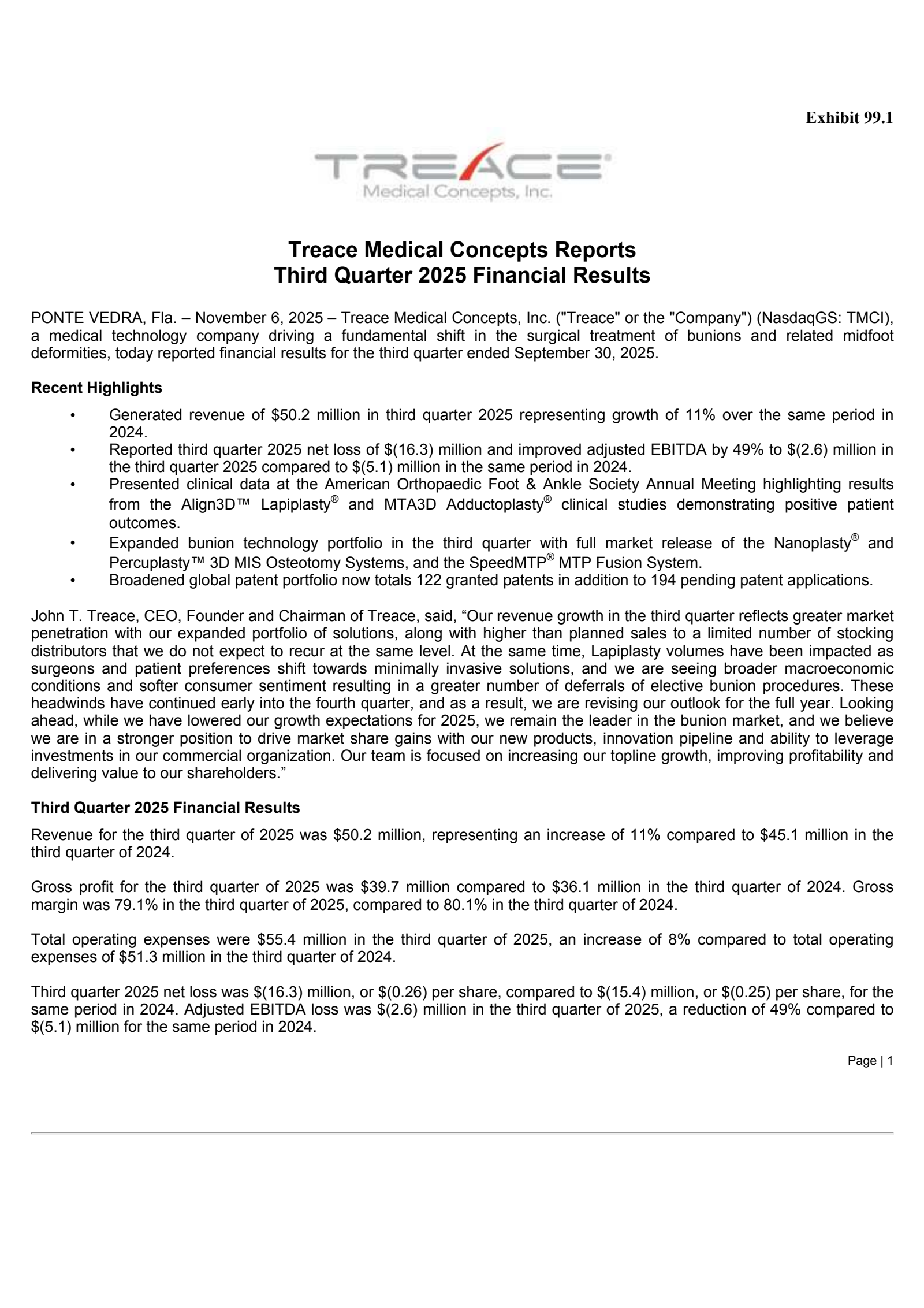 Treace Medical Concepts' Q3 2025 Earnings Release