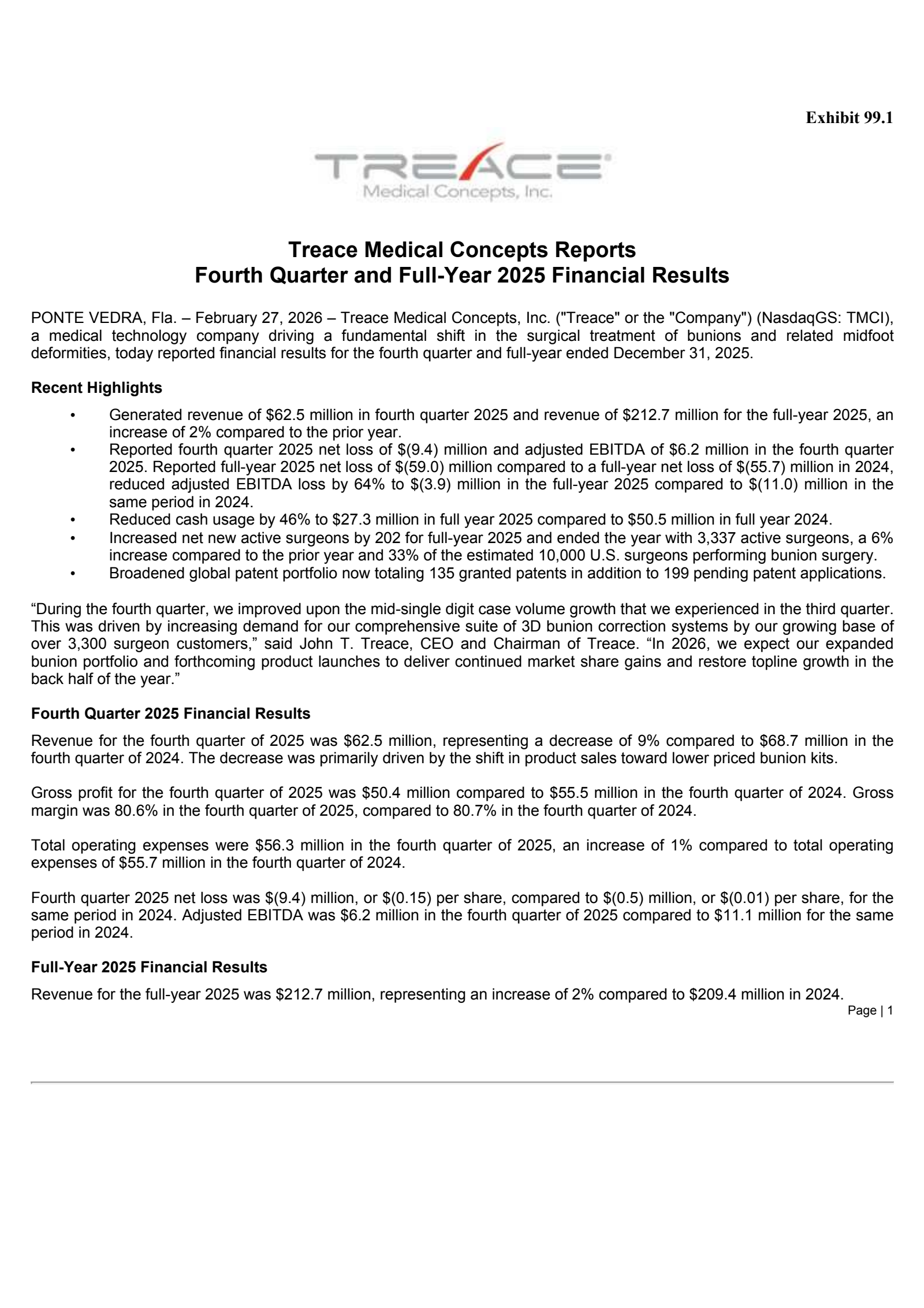 Treace Medical Concepts' Q4 2025 Press Release