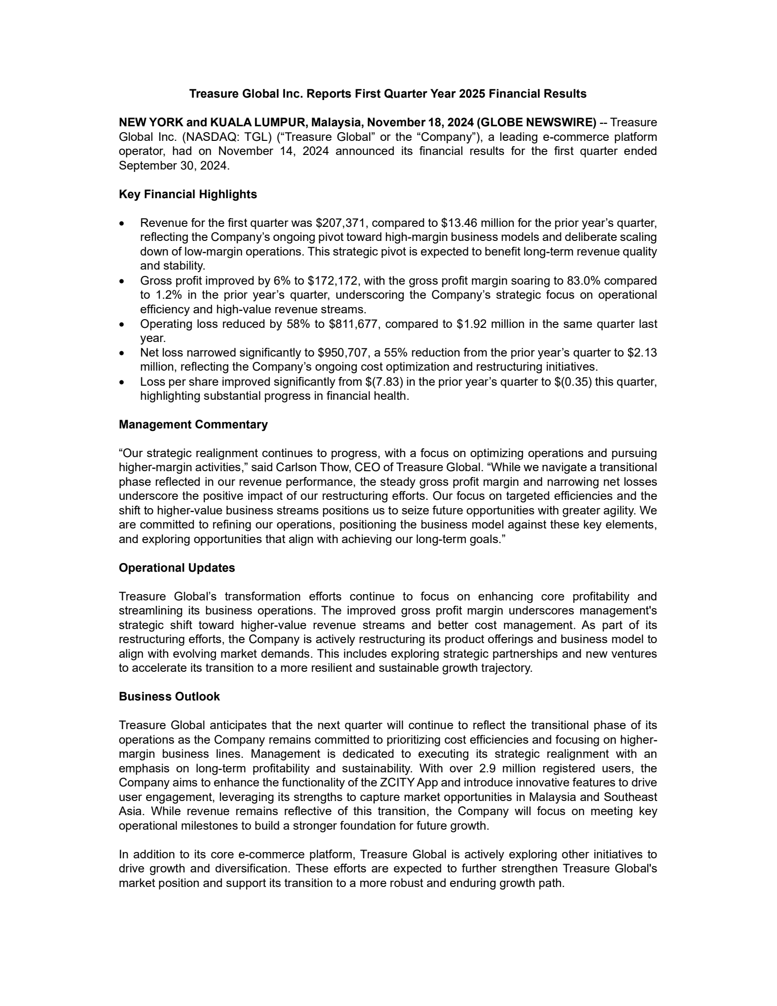 Treasure Global's Q2 2025 Press Release