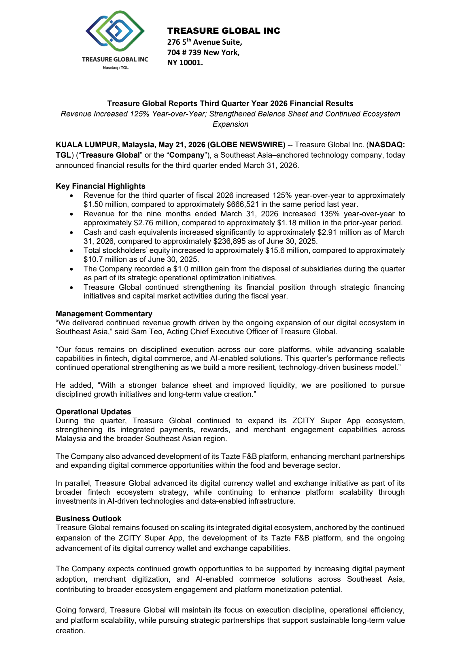 Treasure Global's Q3 2026 Press Release