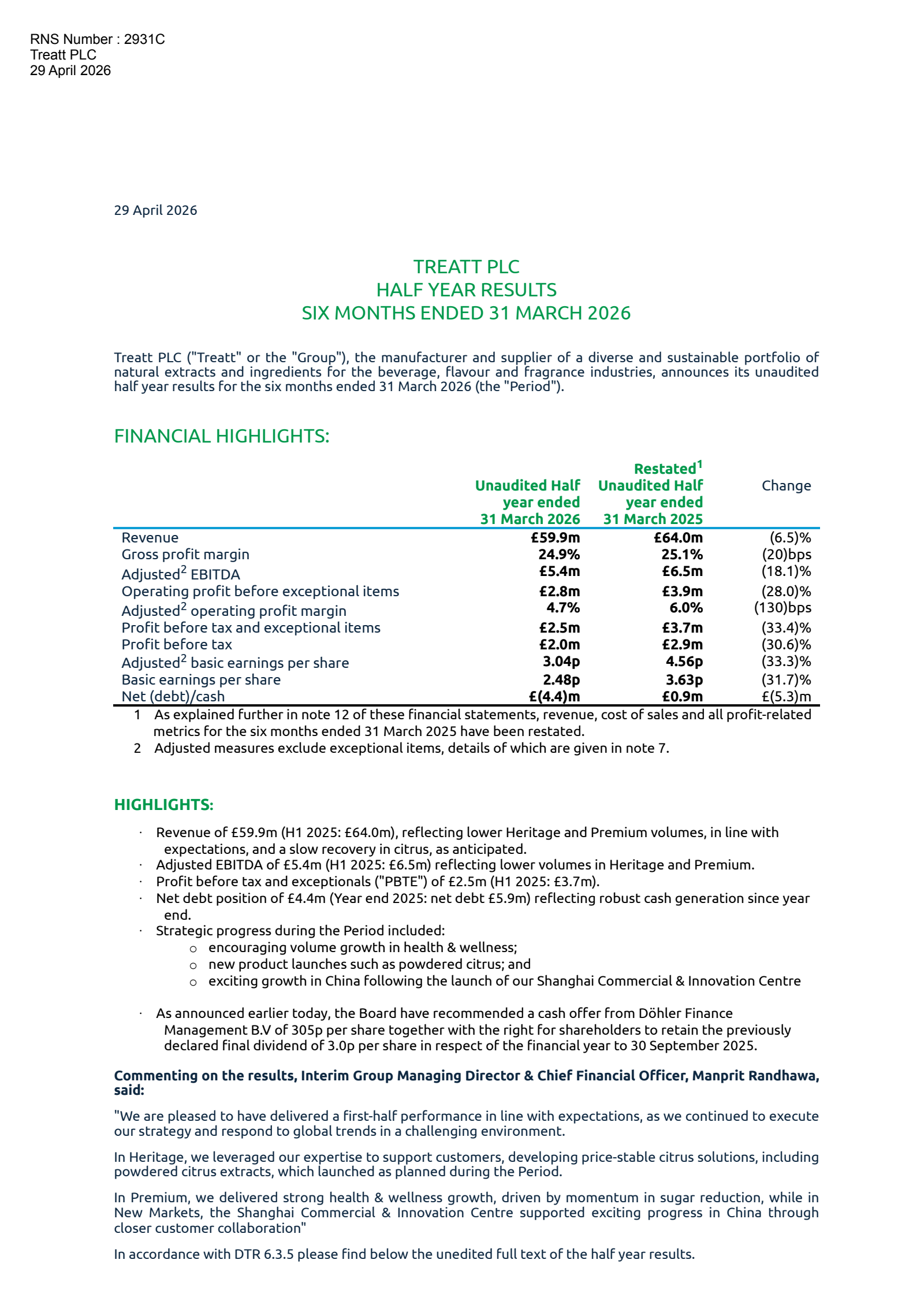Treatt's H1 2026 Interim report