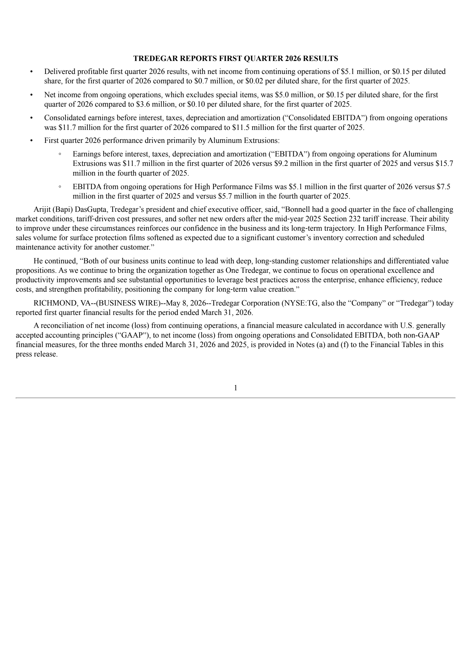 Tredegar's Q1 2026 Press Release