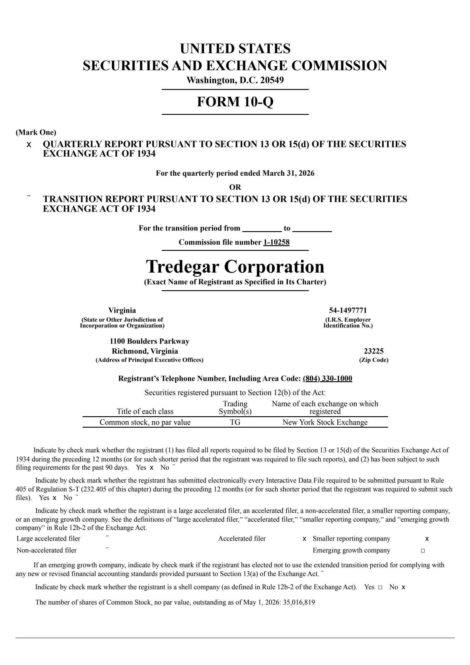 Tredegar's Q1 2026 Quarterly report