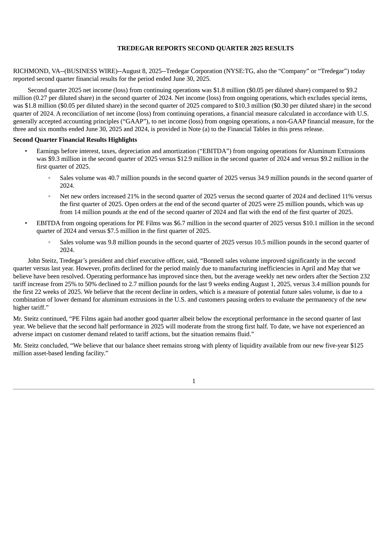 Tredegar's Q2 2025 Press Release