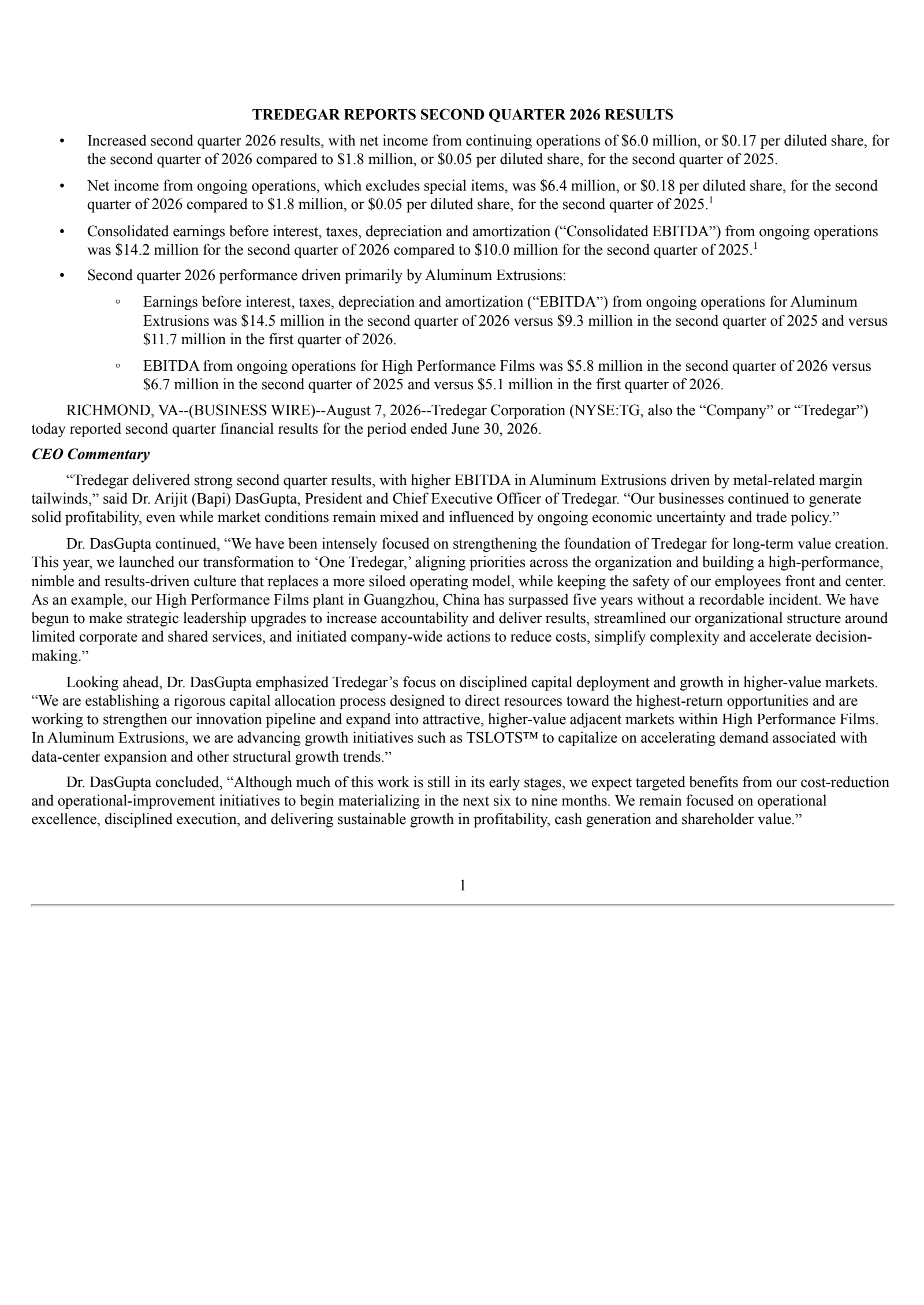 Tredegar's Q2 2026 Press Release