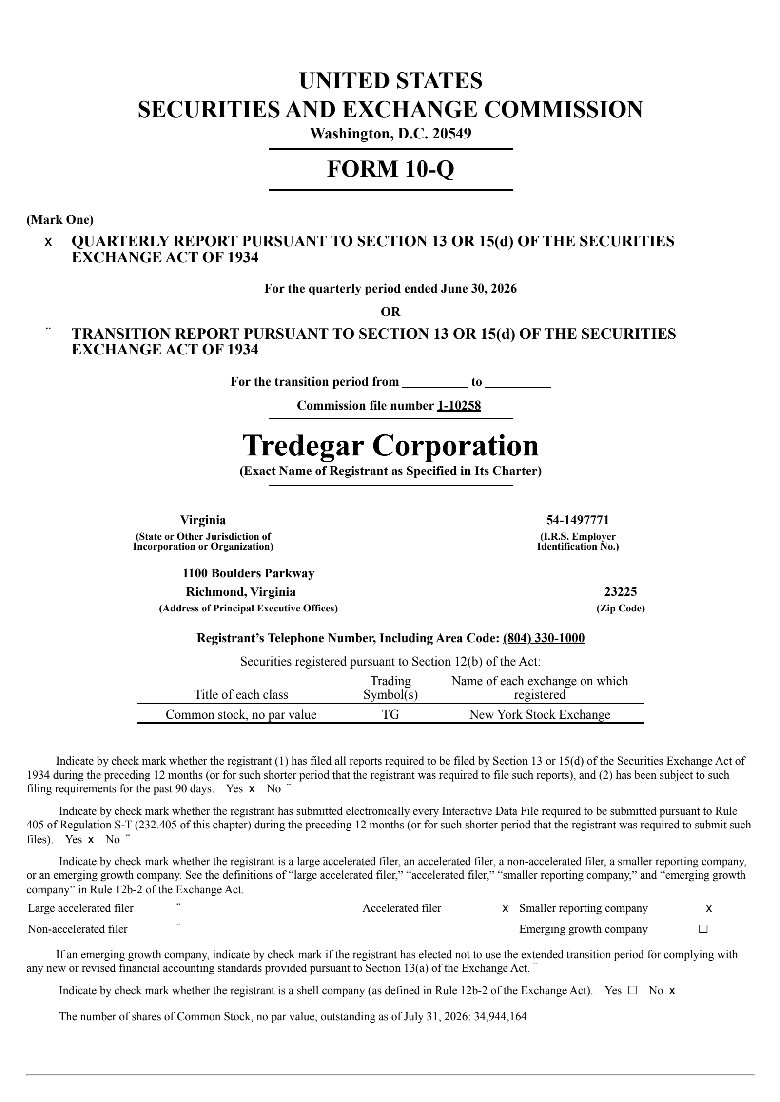 Tredegar's Q2 2026 Quarterly report