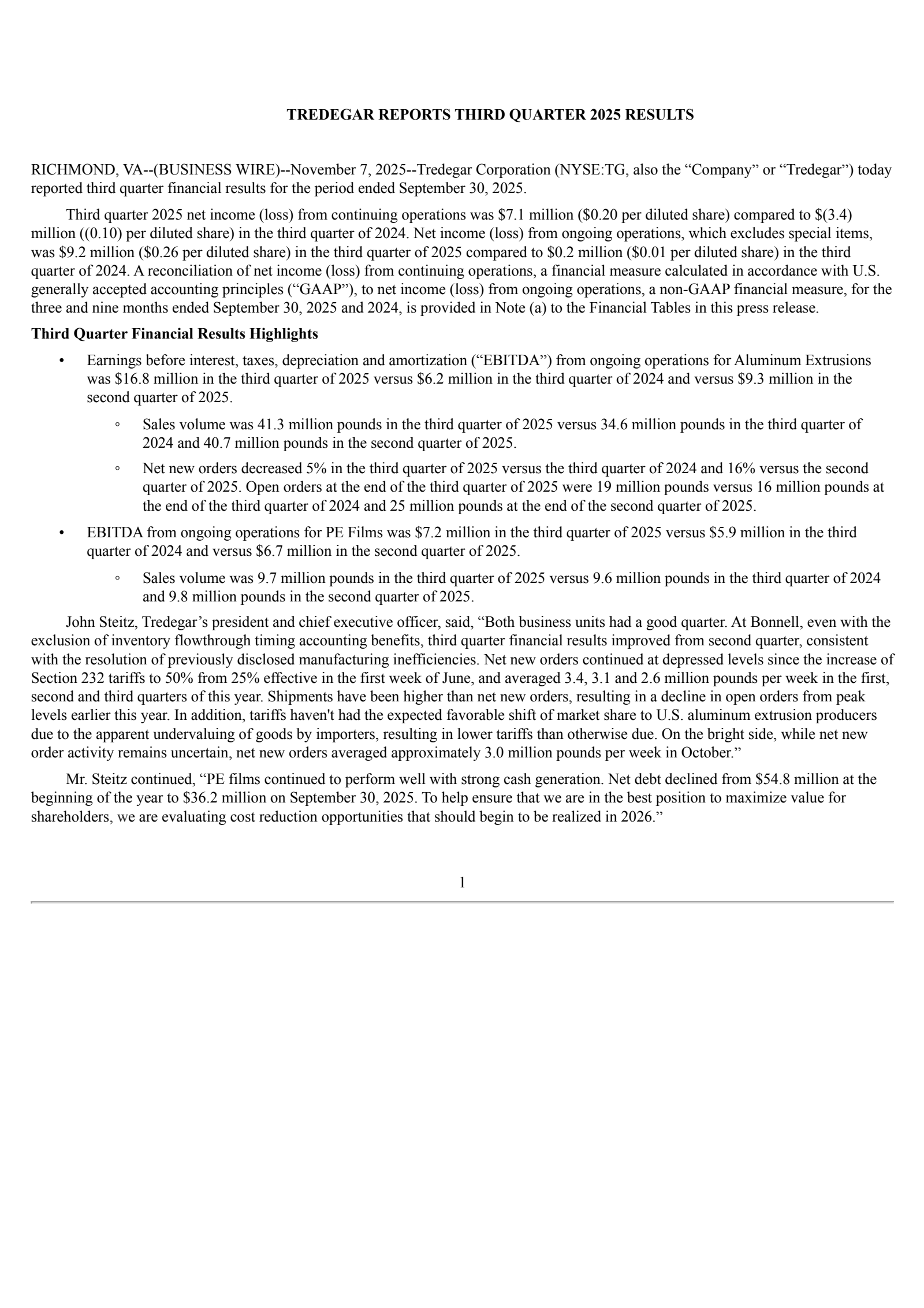 Tredegar's Q3 2025 Earnings Release