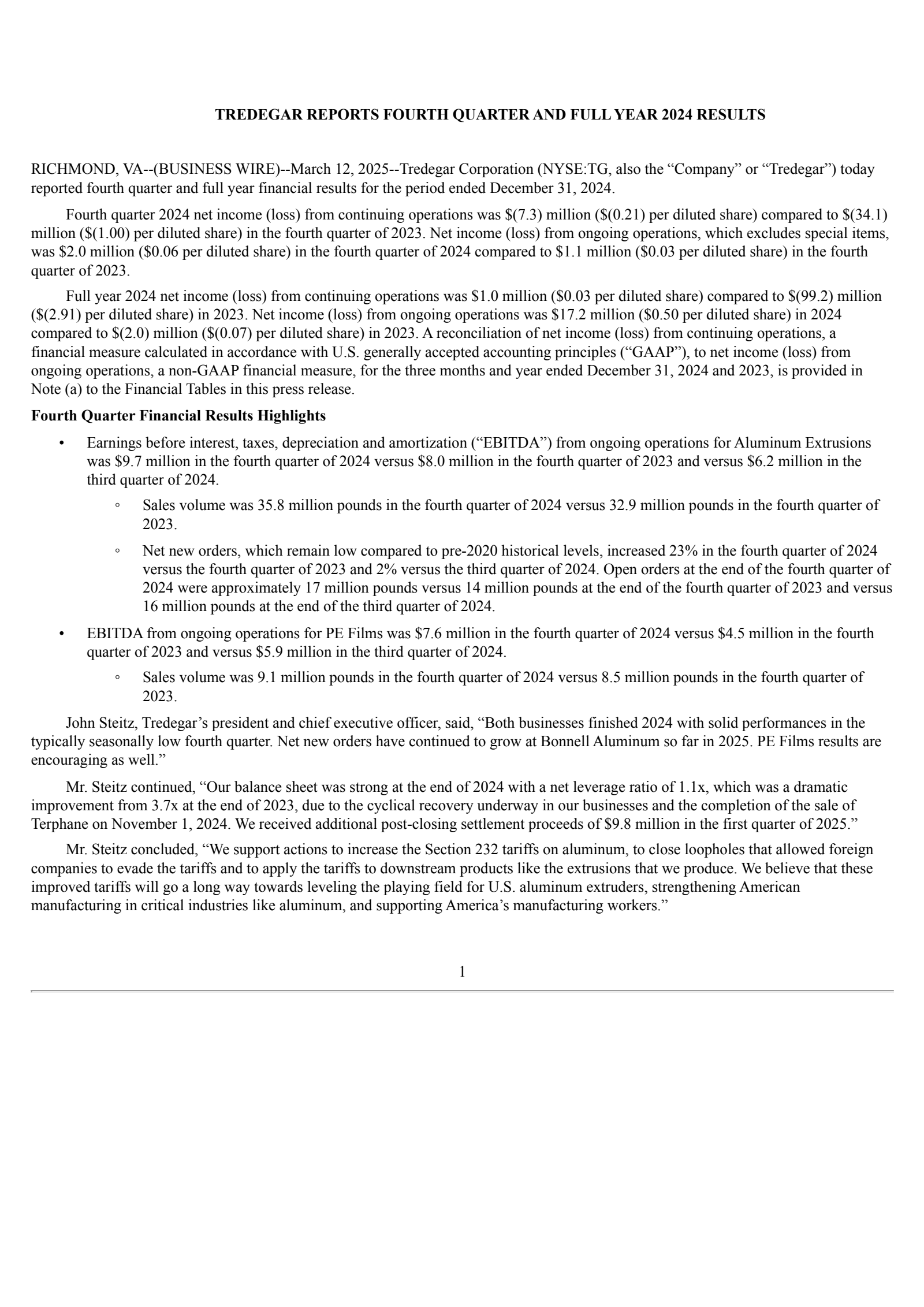 Tredegar's Q4 2024 Press Release