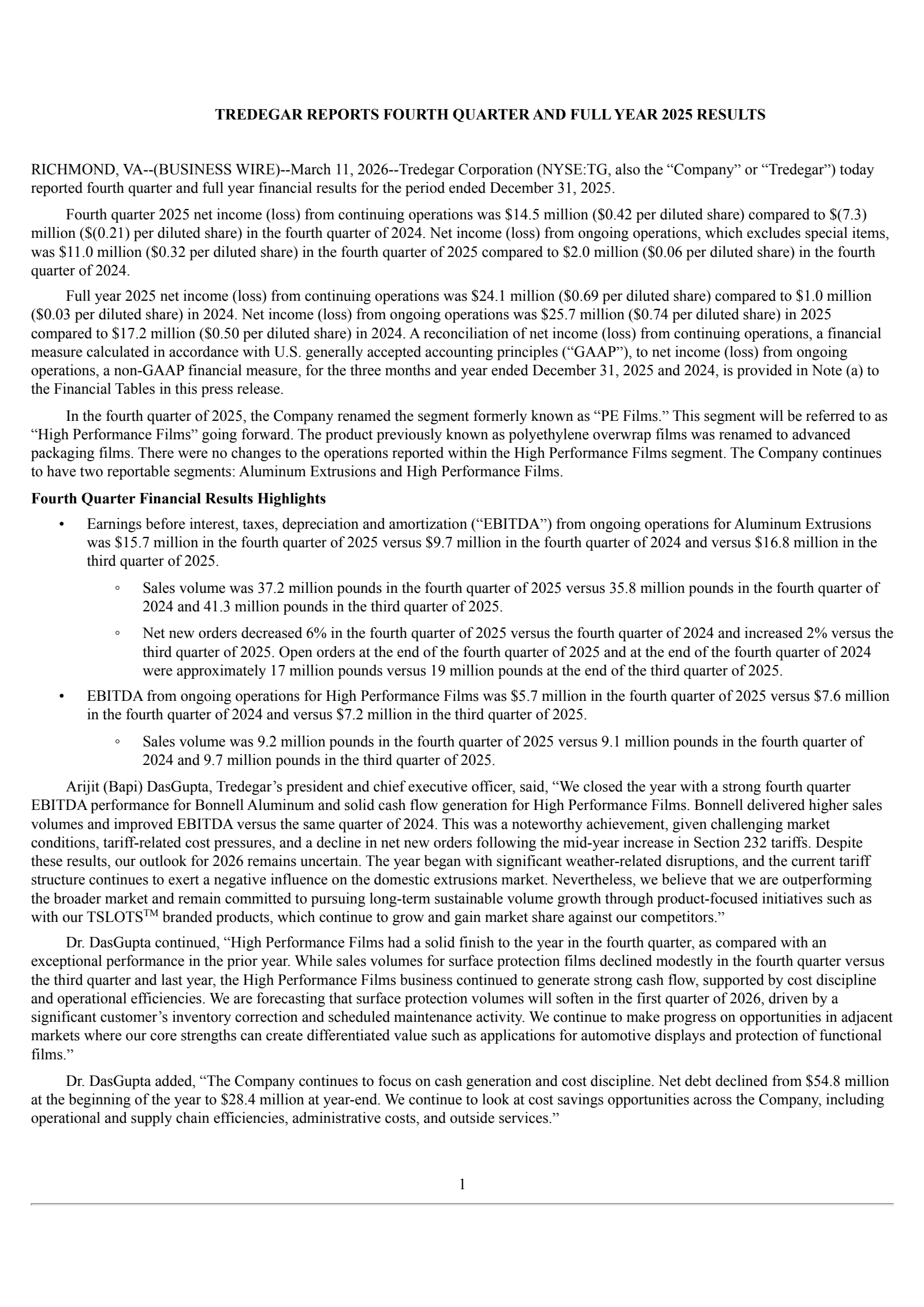 Tredegar's Q4 2025 Press Release