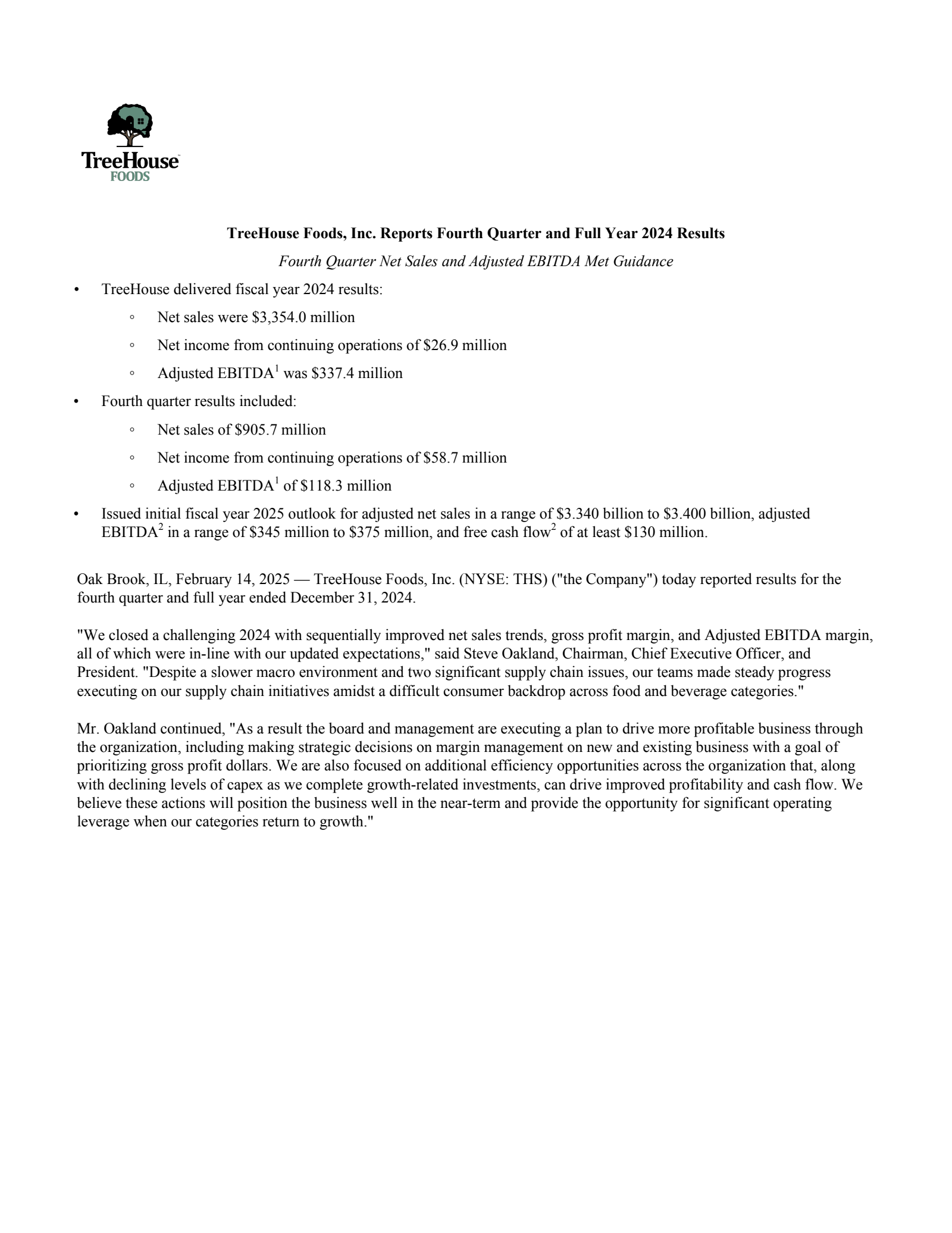 TreeHouse Foods' Q4 2024 Press Release