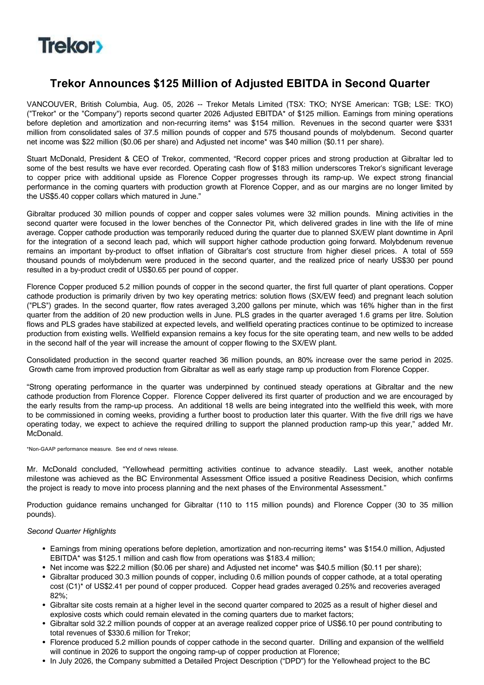 Taseko Mines' Q2 2026 Press Release
