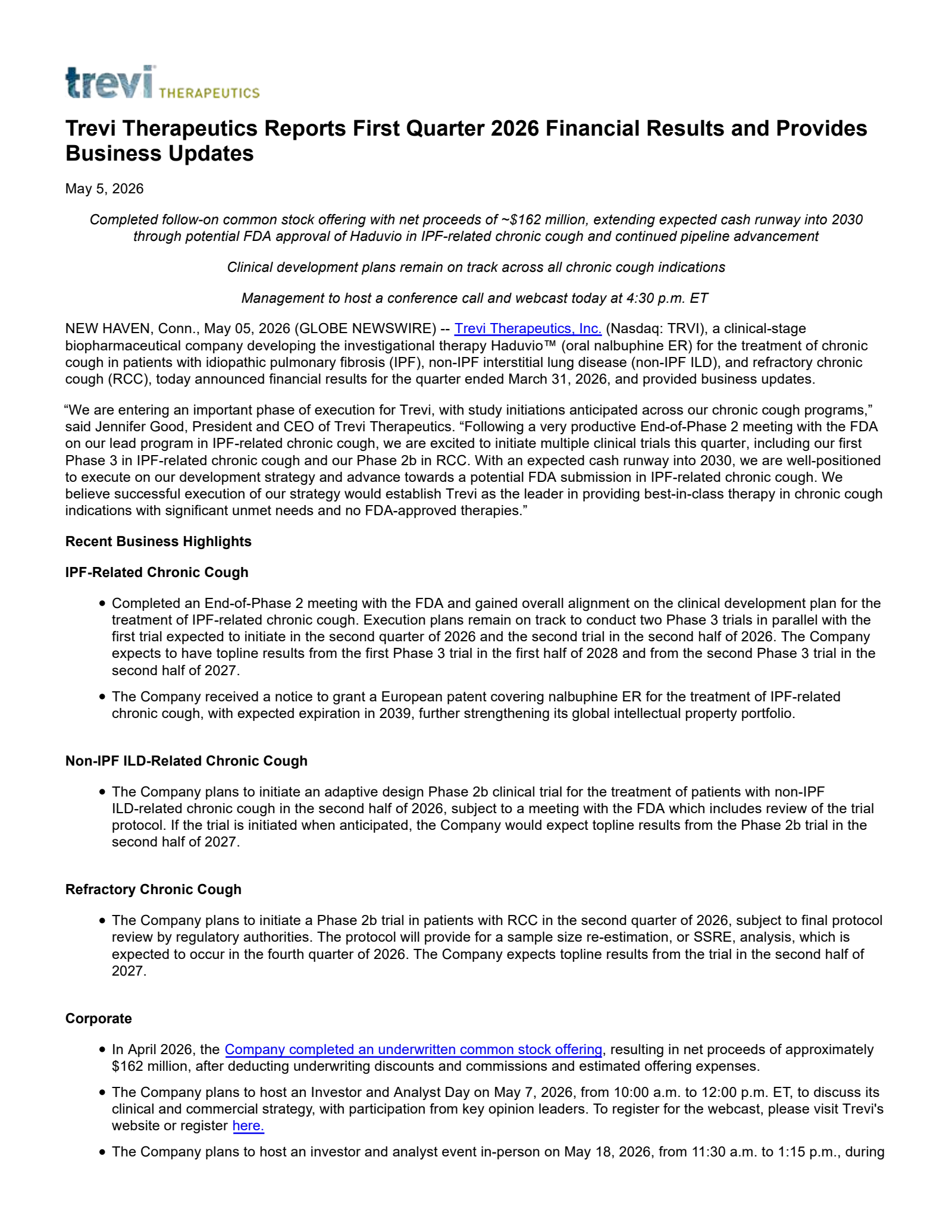 Trevi Therapeutics' Q1 2026 Press Release