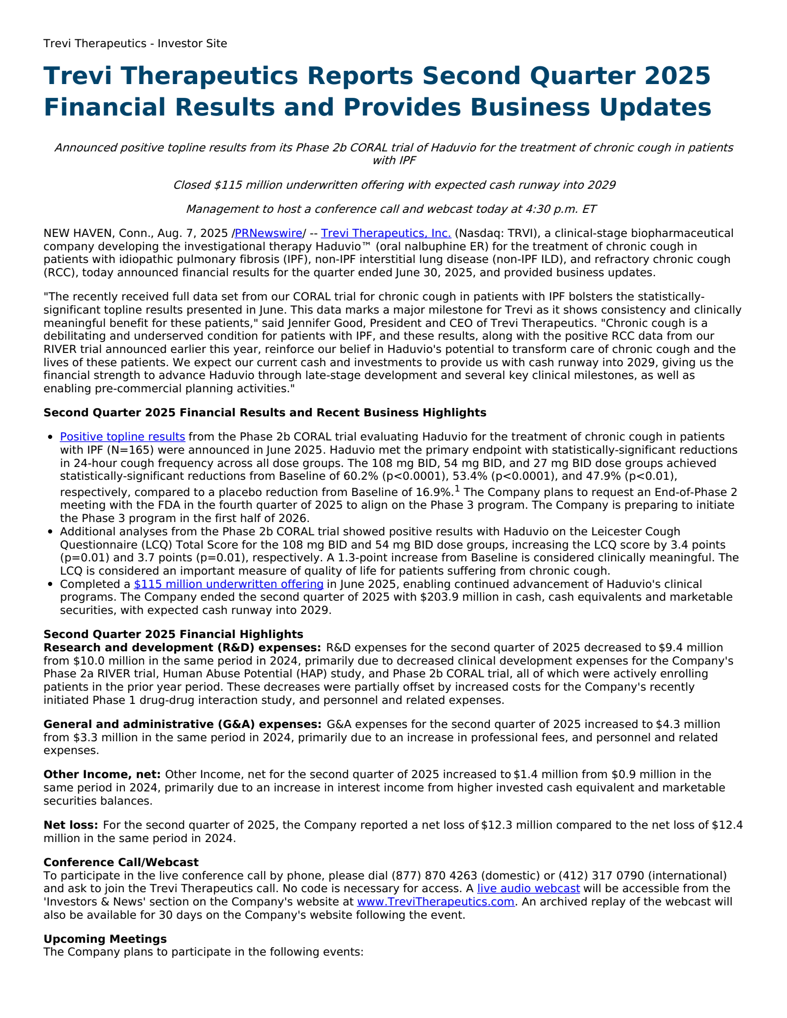 Trevi Therapeutics' Q2 2025 Press Release