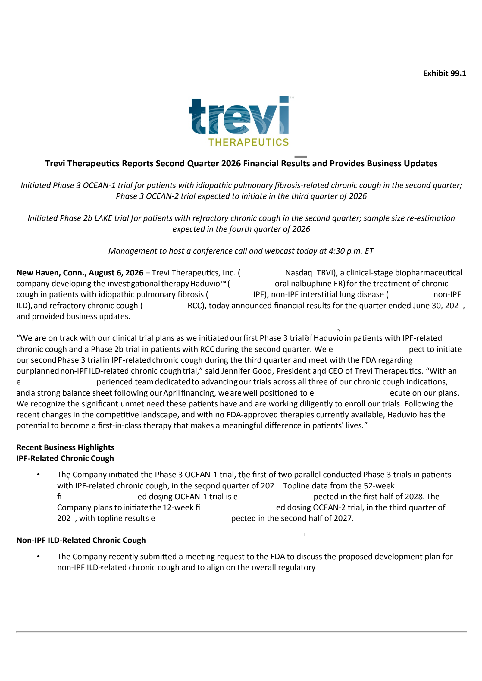 Trevi Therapeutics' Q2 2026 Press Release