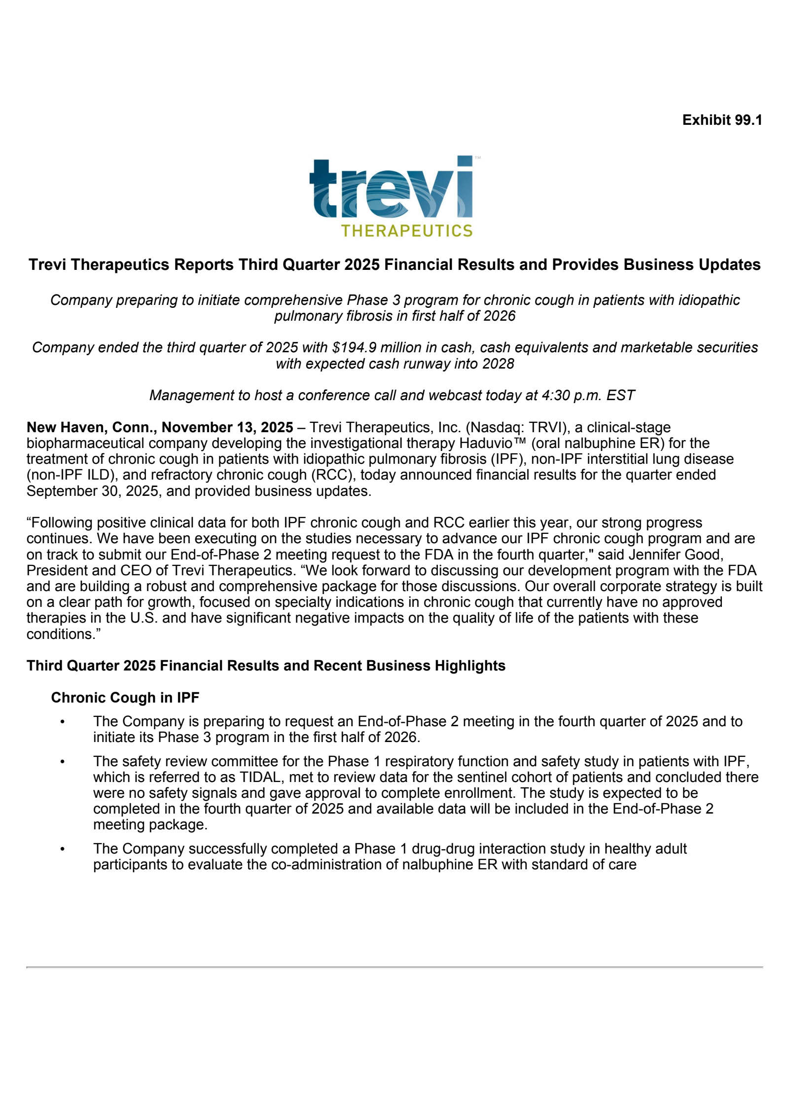 Trevi Therapeutics' Q3 2025 Earnings Release
