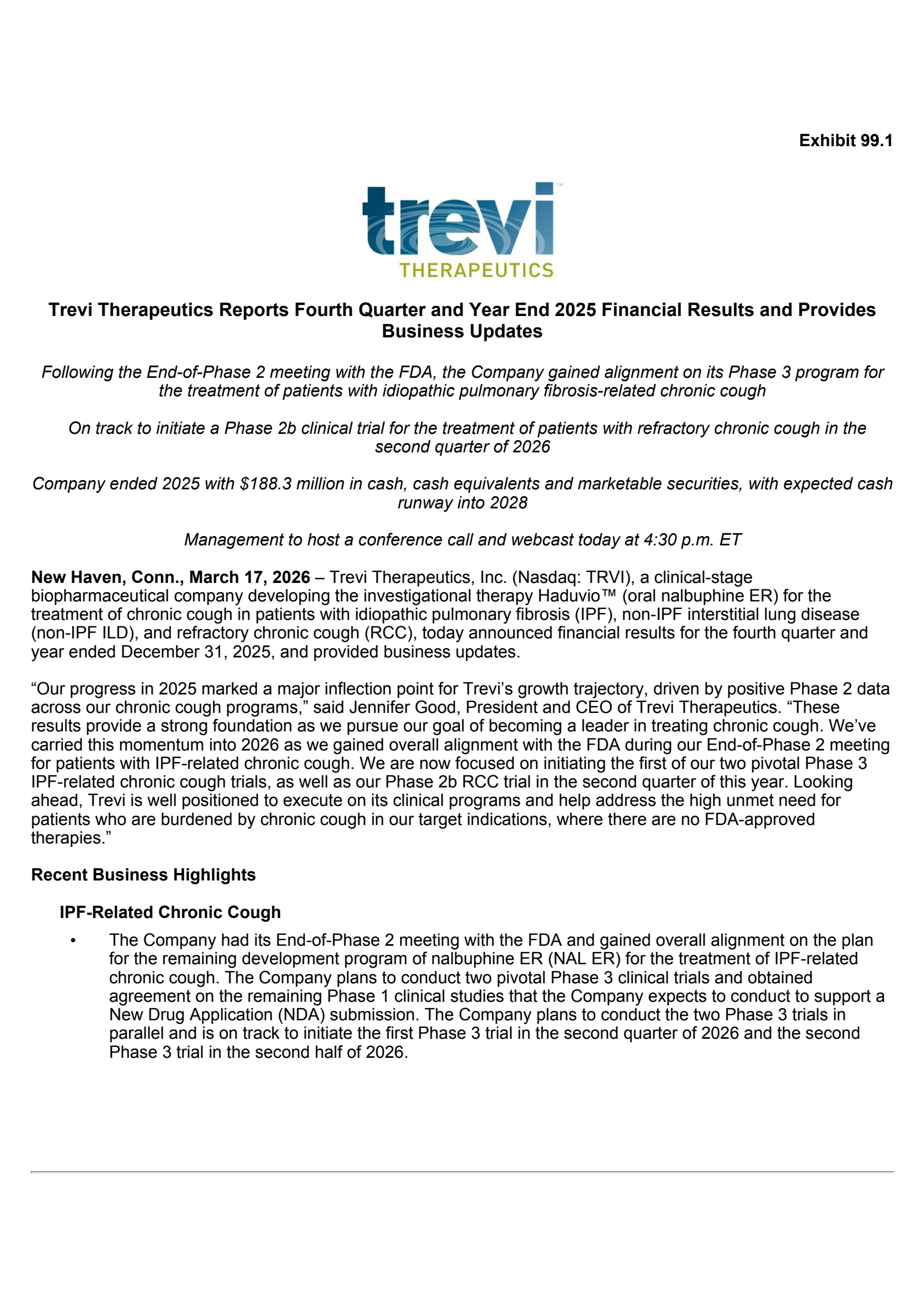 Trevi Therapeutics' Q4 2025 Press Release