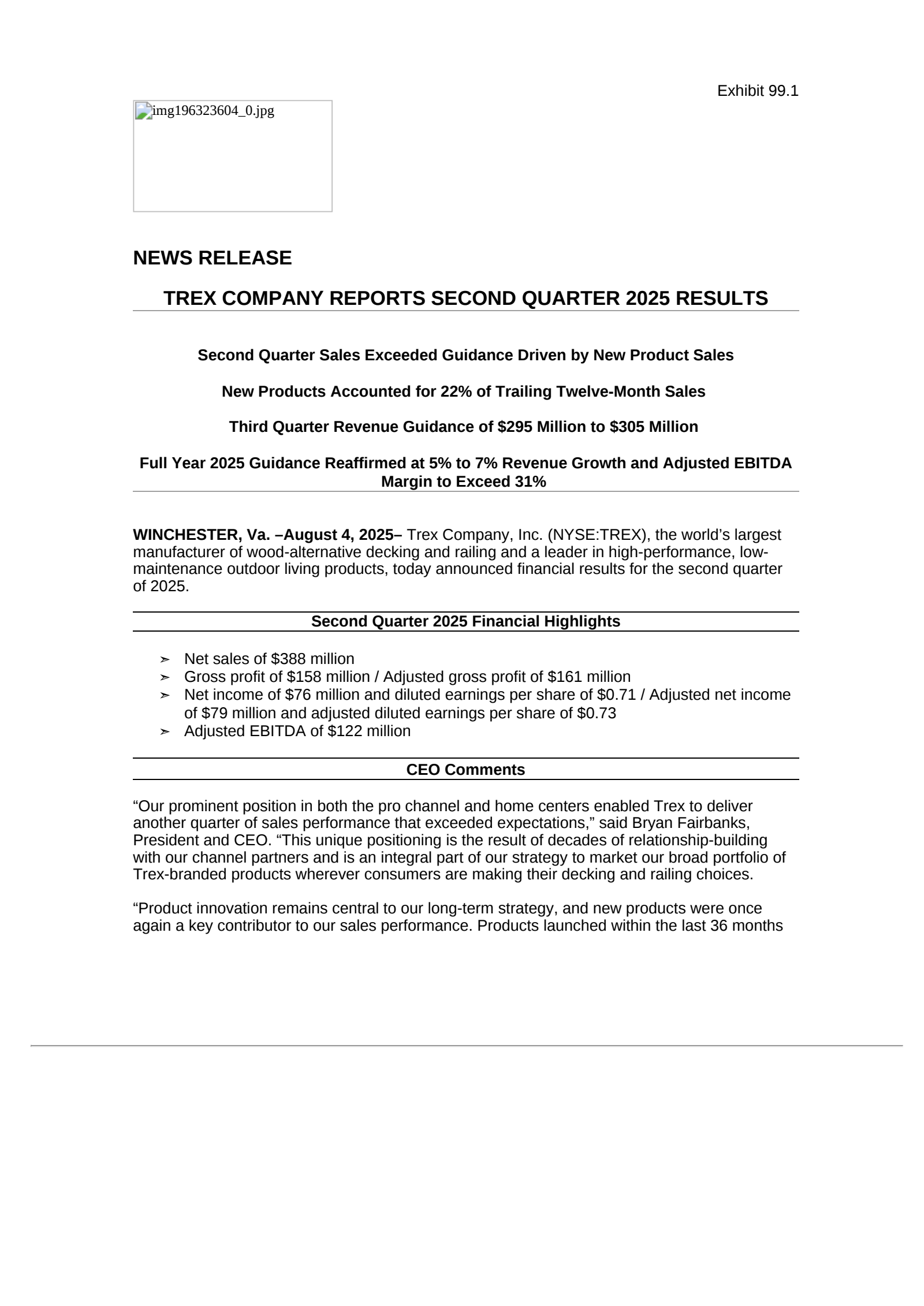 Trex's Q2 2025 Press Release