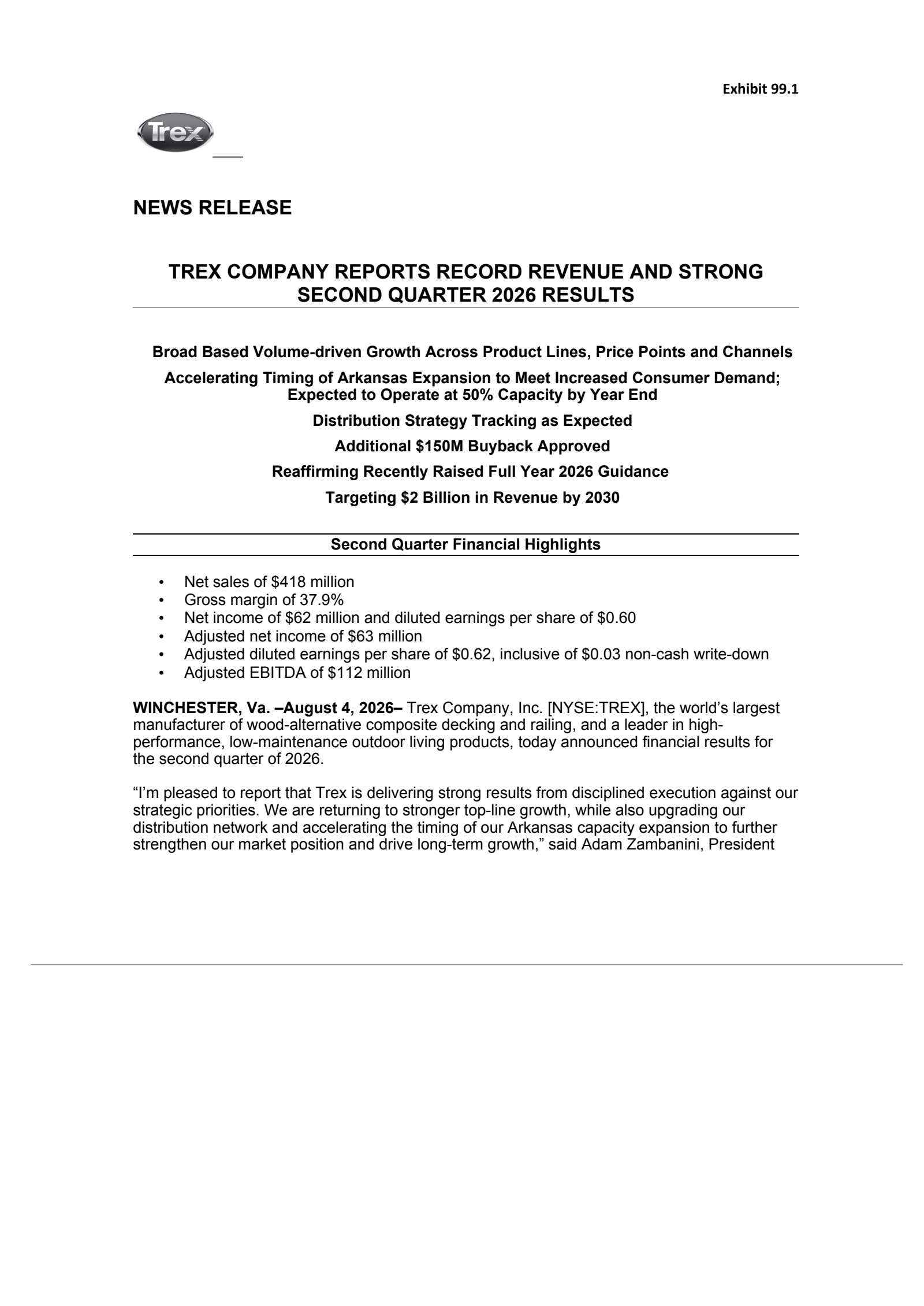 Trex's Q2 2026 Press Release
