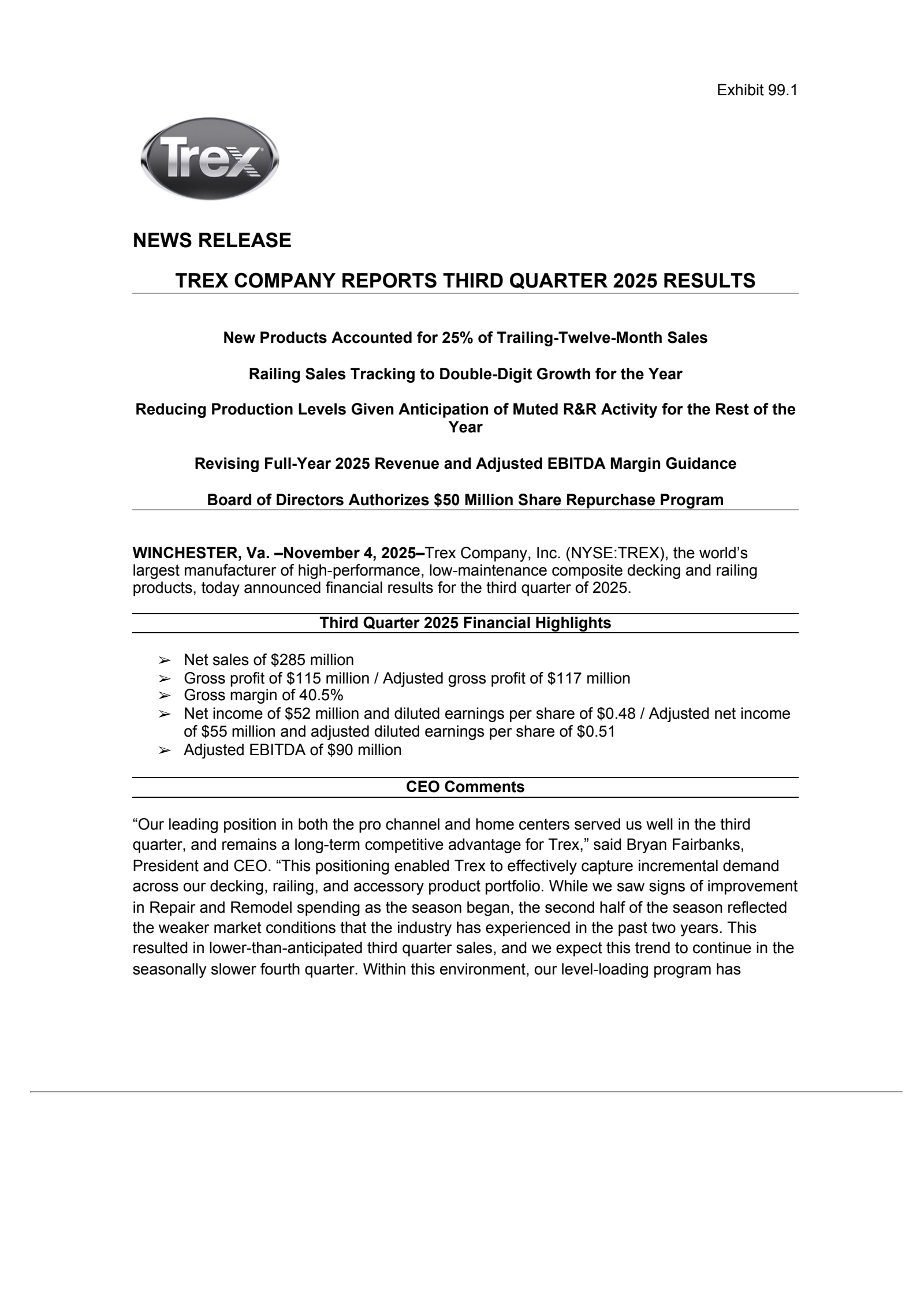 Trex's Q3 2025 Earnings Release