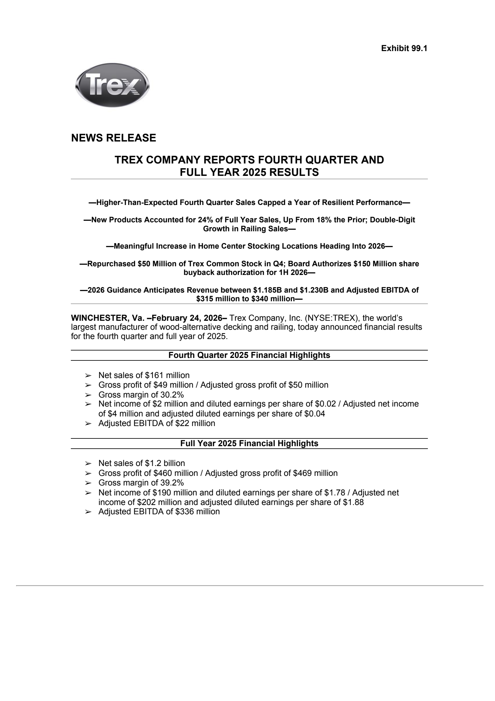 Trex's Q4 2025 Press Release