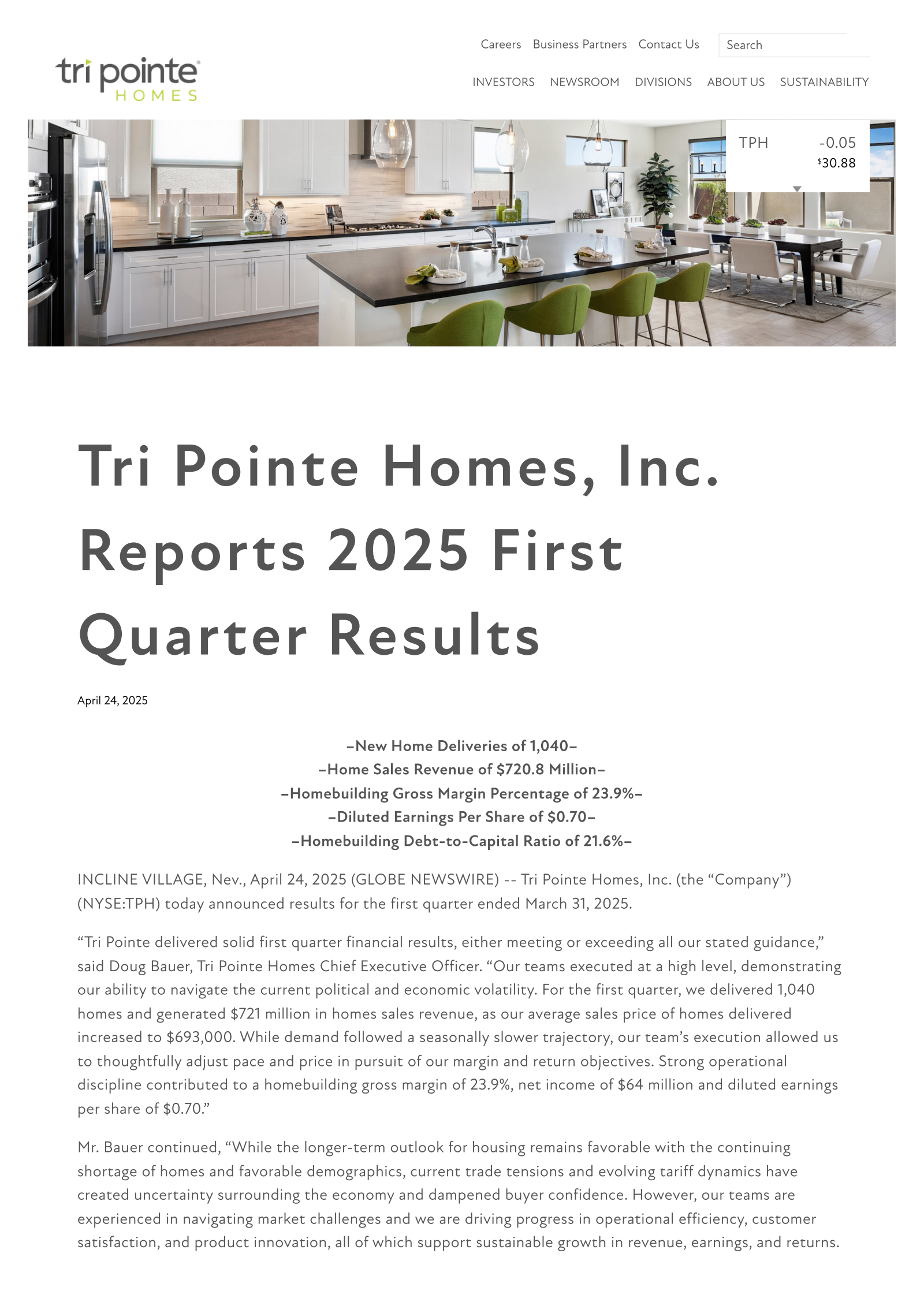 Tri Pointe Homes' Q1 2025 Press Release