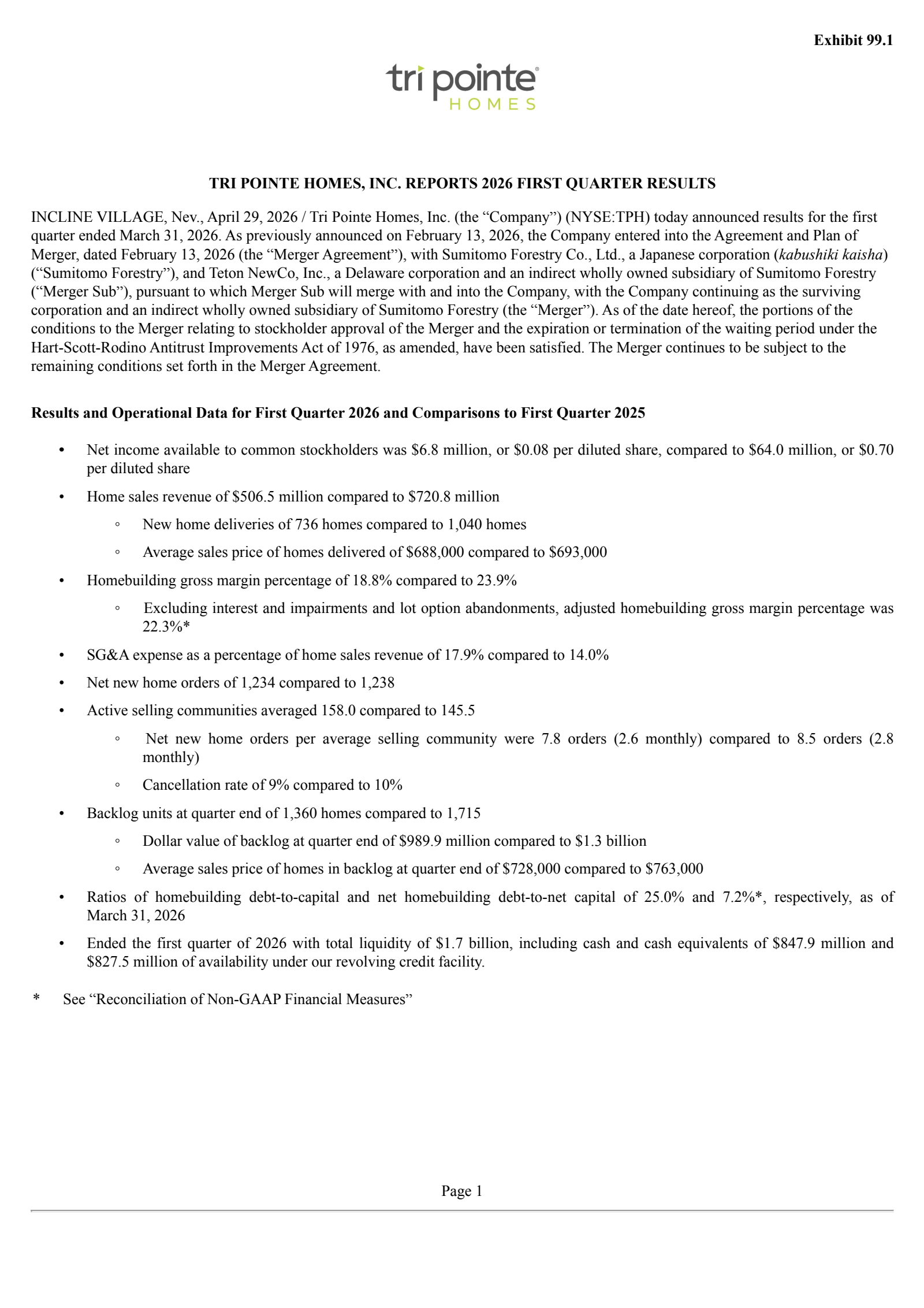 Tri Pointe Homes' Q1 2026 Press Release