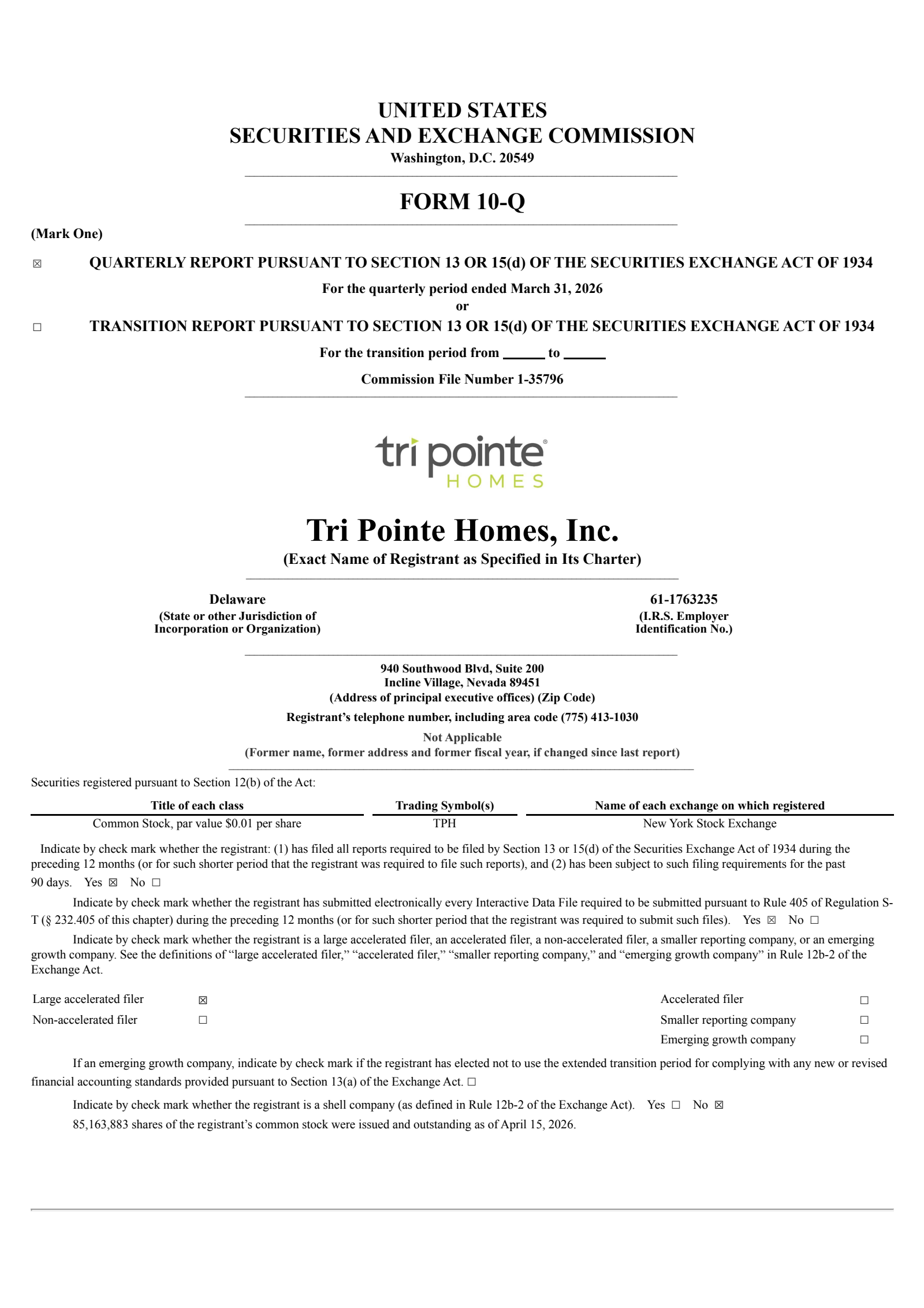 Tri Pointe Homes' Q1 2026 Quarterly report