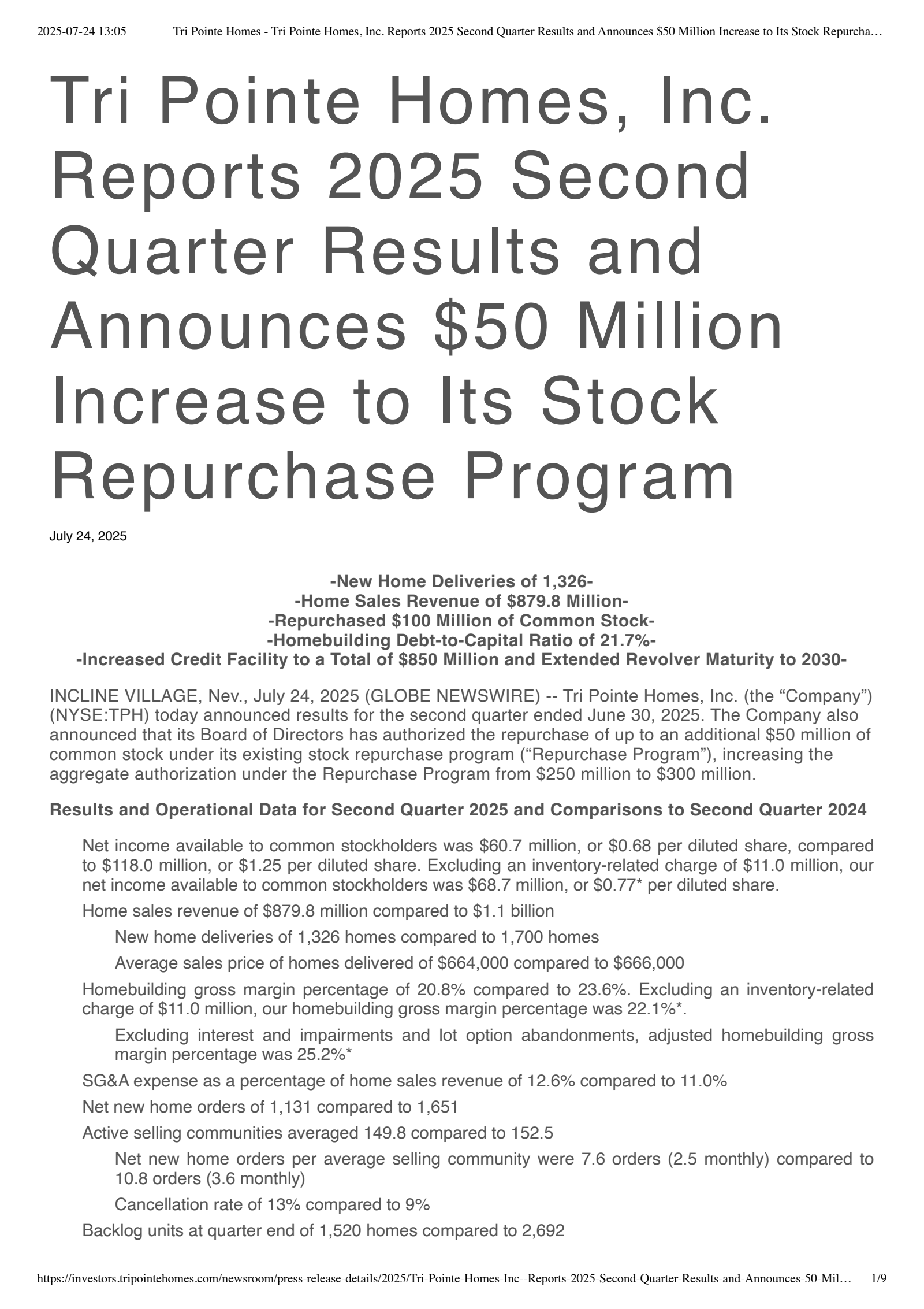 Tri Pointe Homes' Q2 2025 Press Release