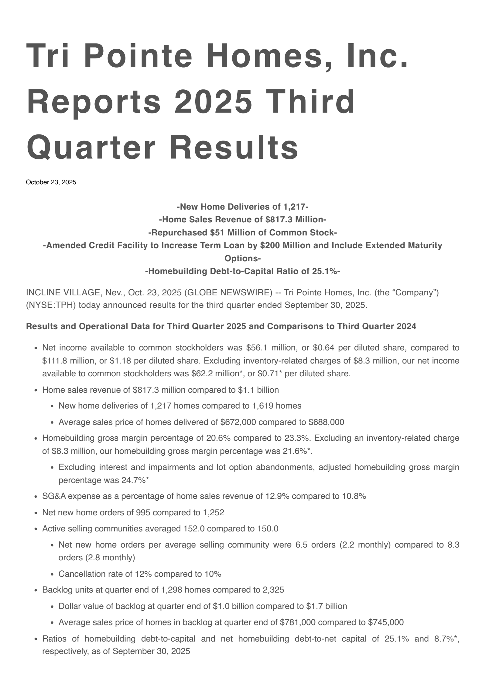 Tri Pointe Homes' Q3 2025 Earnings Release