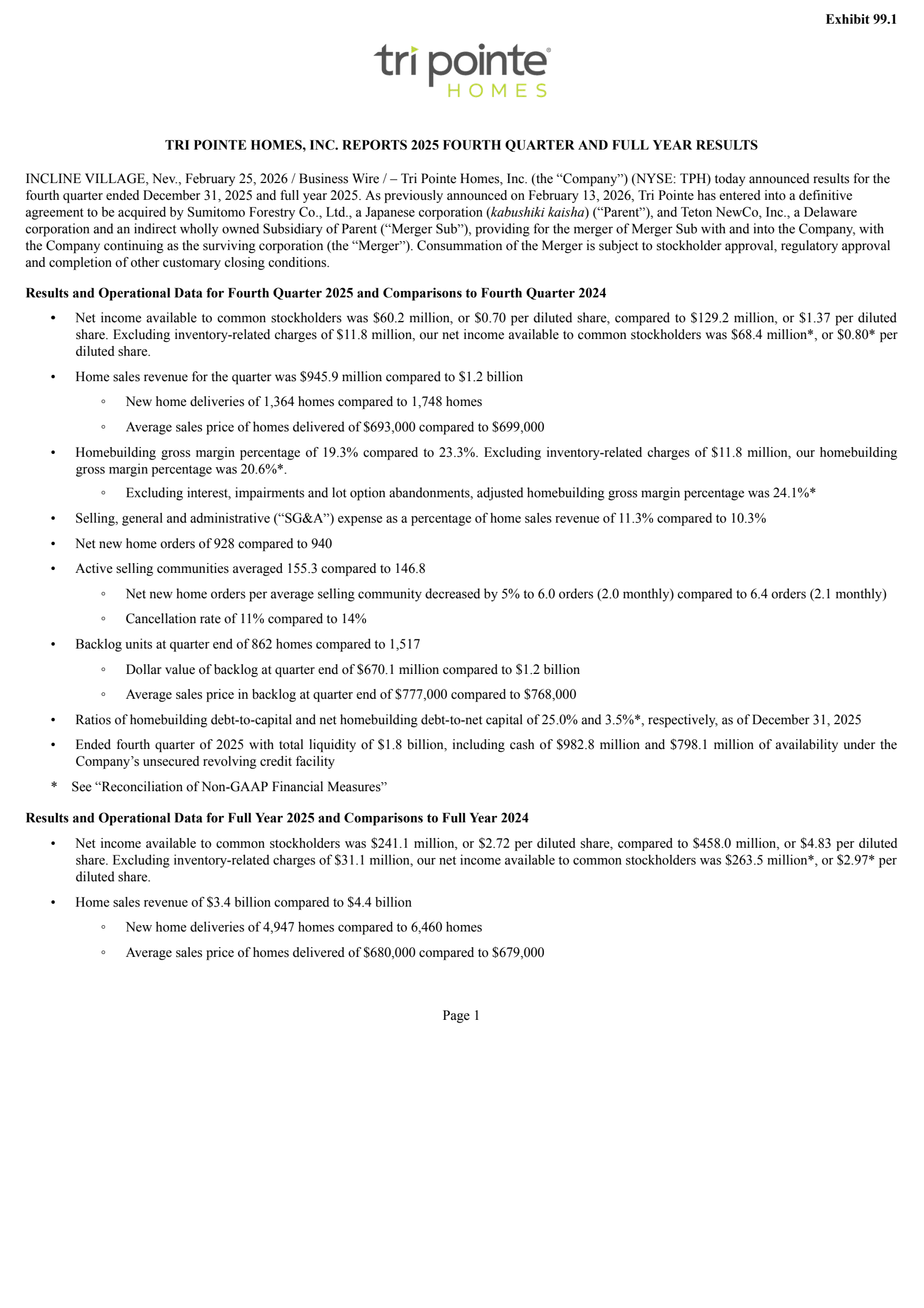 Tri Pointe Homes' Q4 2025 Press Release