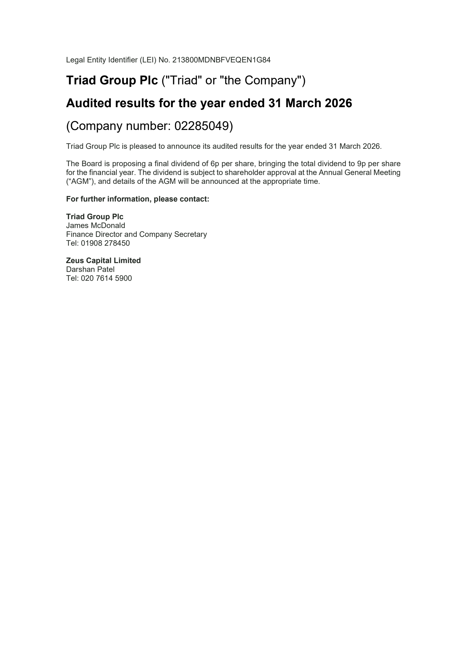 Triad Group's H2 2026 Annual report