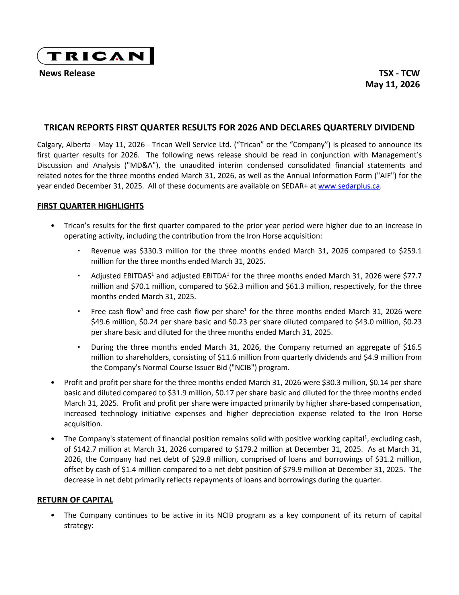 Trican Well Service's Q1 2026 Press Release