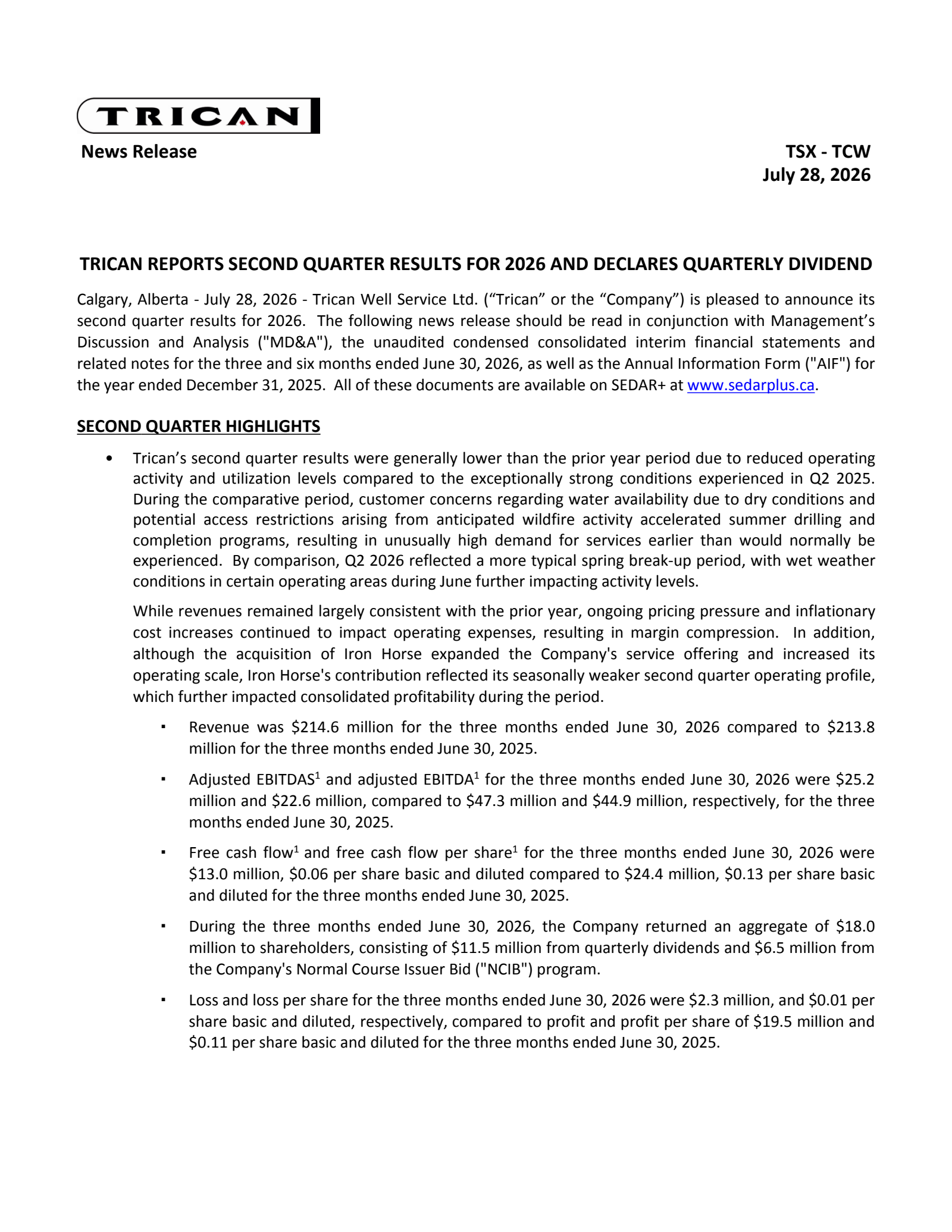 Trican Well Service's Q2 2026 Press Release