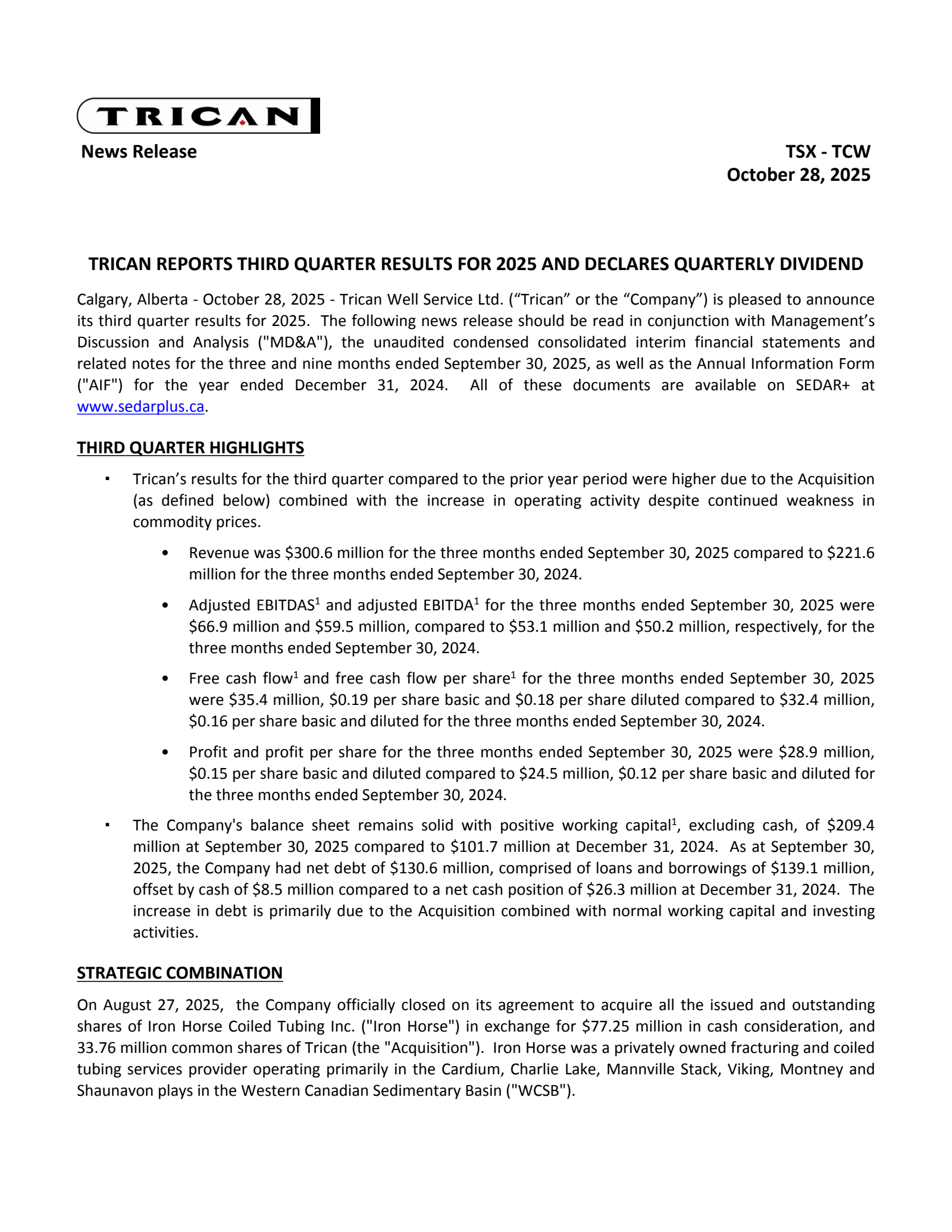 Trican Well Service's Q3 2025 Earnings Release