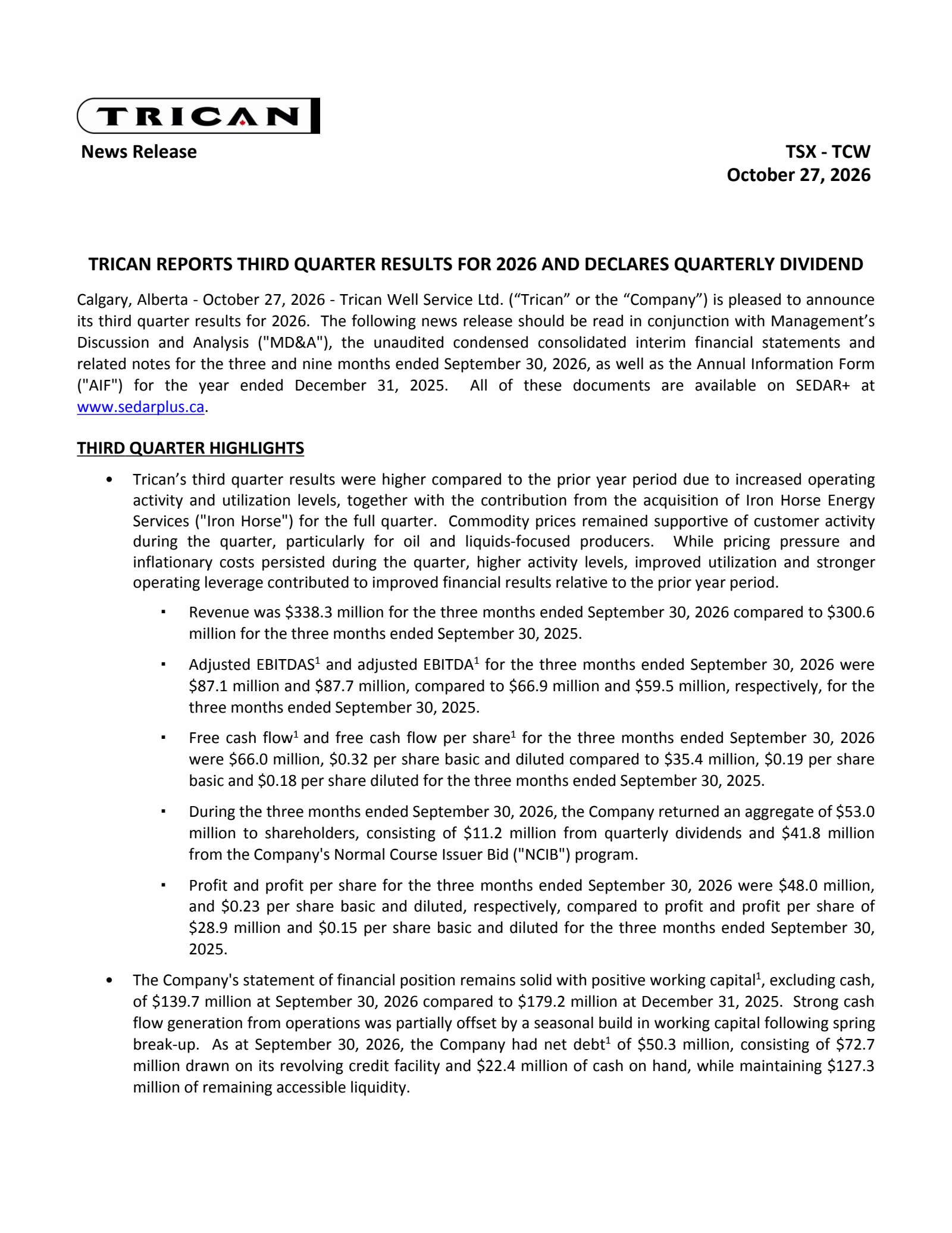 Trican Well Service's Q3 2026 Press Release