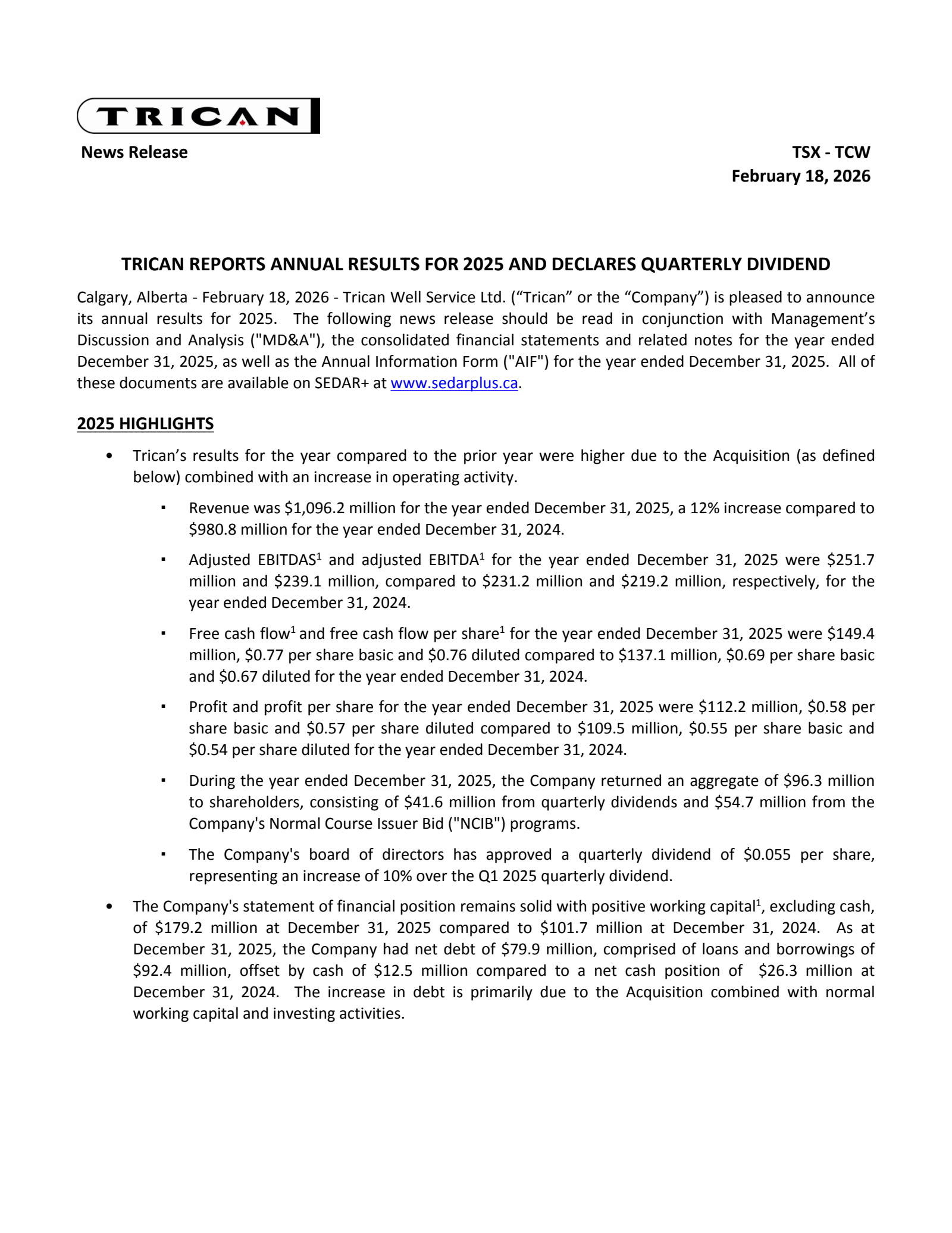 Trican Well Service's Q4 2025 Press Release
