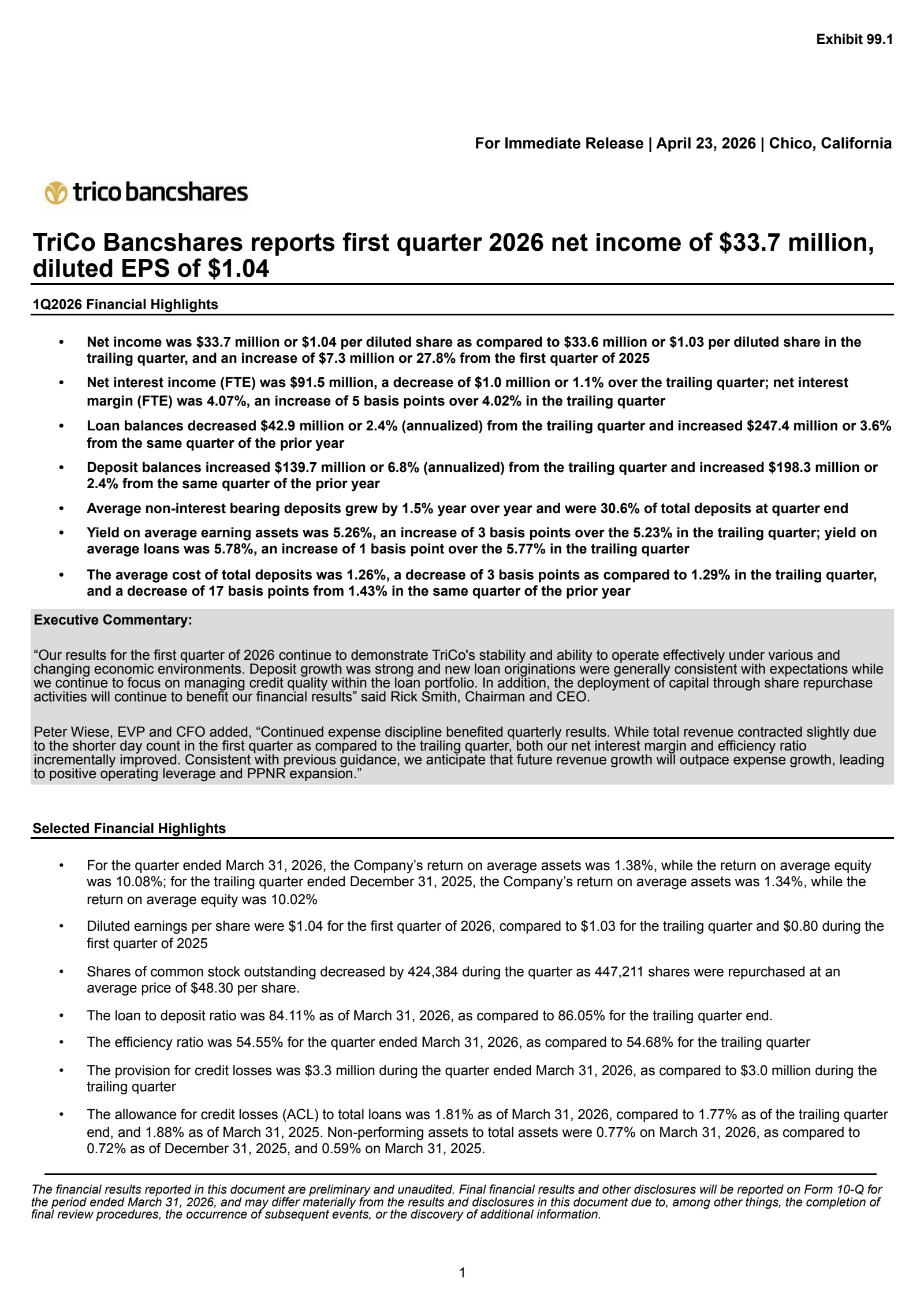 TriCo Bancshares' Q1 2026 Press Release